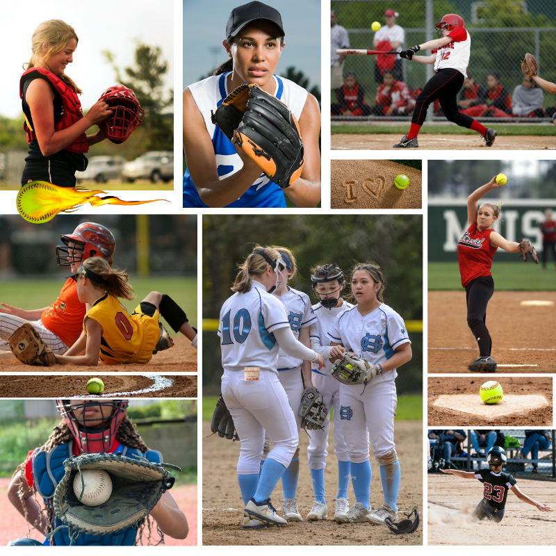 Collage of softball players in various action poses on a field.