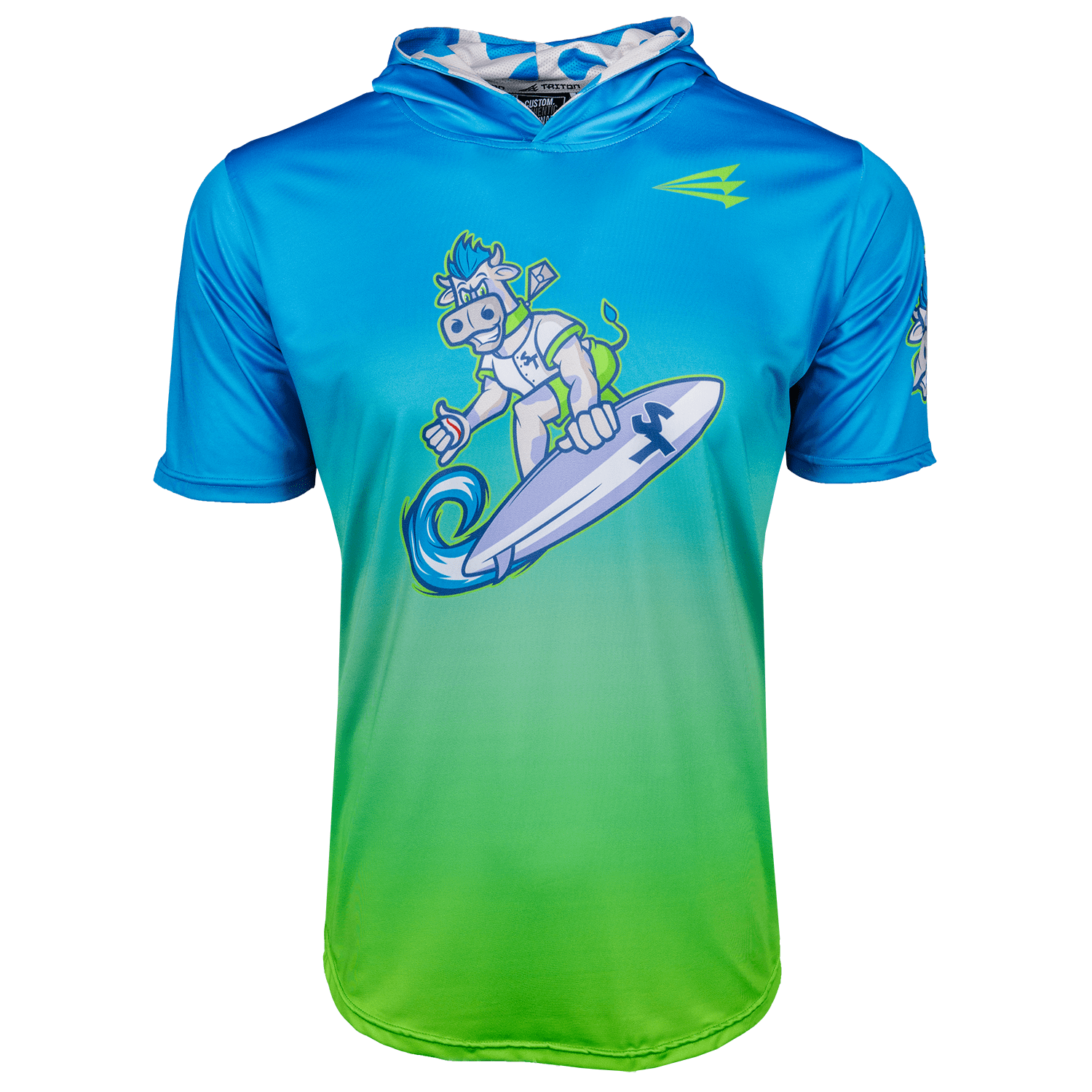 Collection of Gradient blue to green short sleeve baseball hoodie with a graphic of a character on a surfboard in a gallery layout