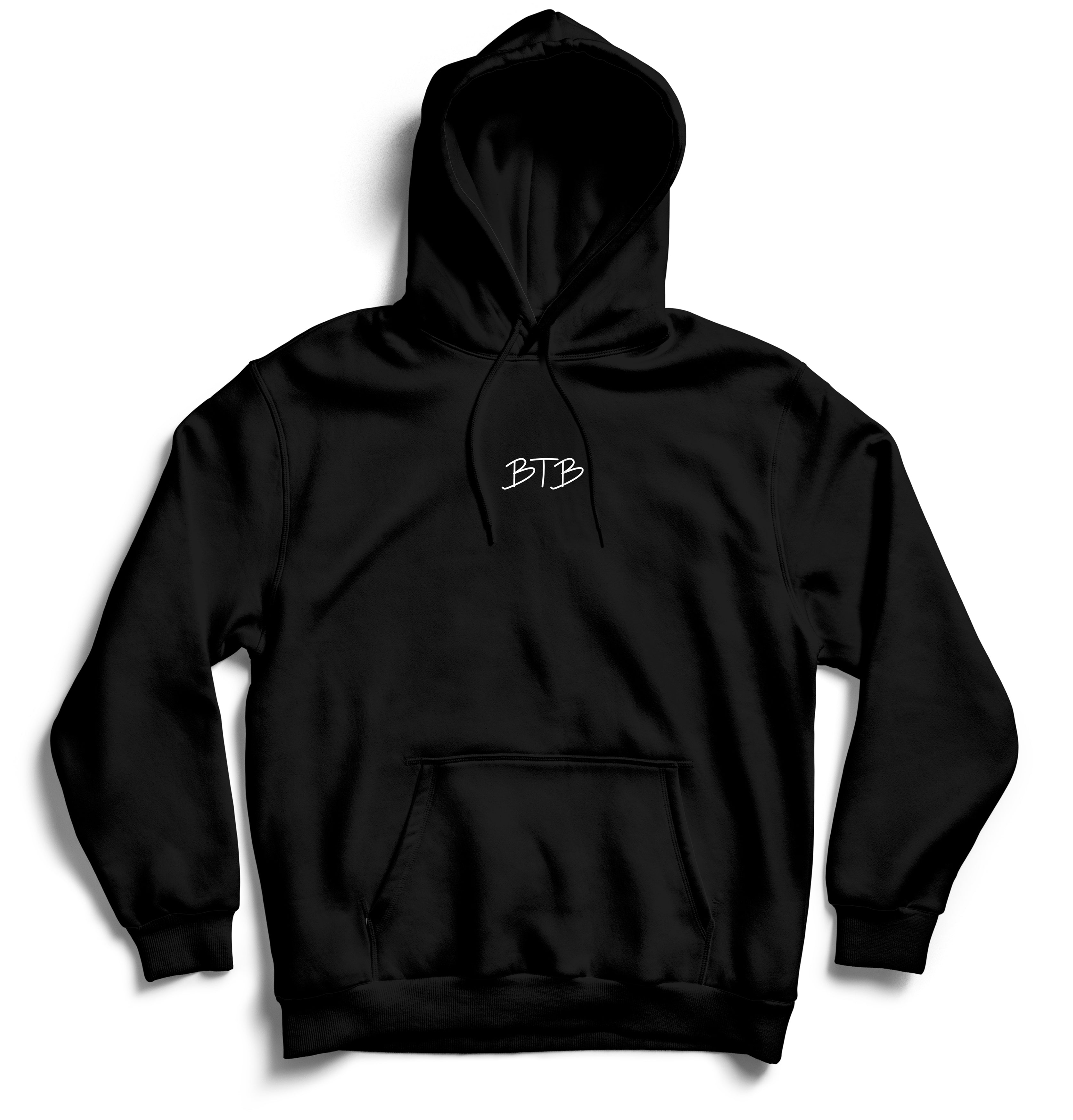 Collection of Black hoodie with 'BTB' logo on a white background in a gallery layout