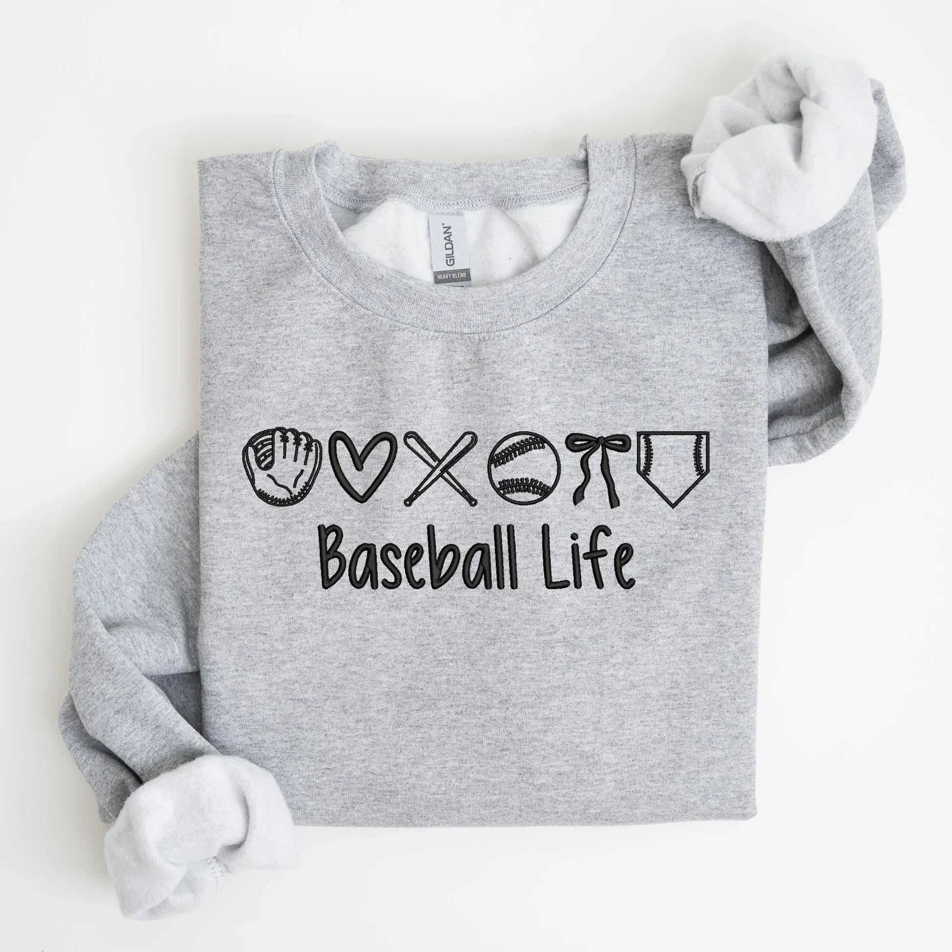 Gray sweatshirt with 'Baseball Life' text and graphics on a white background