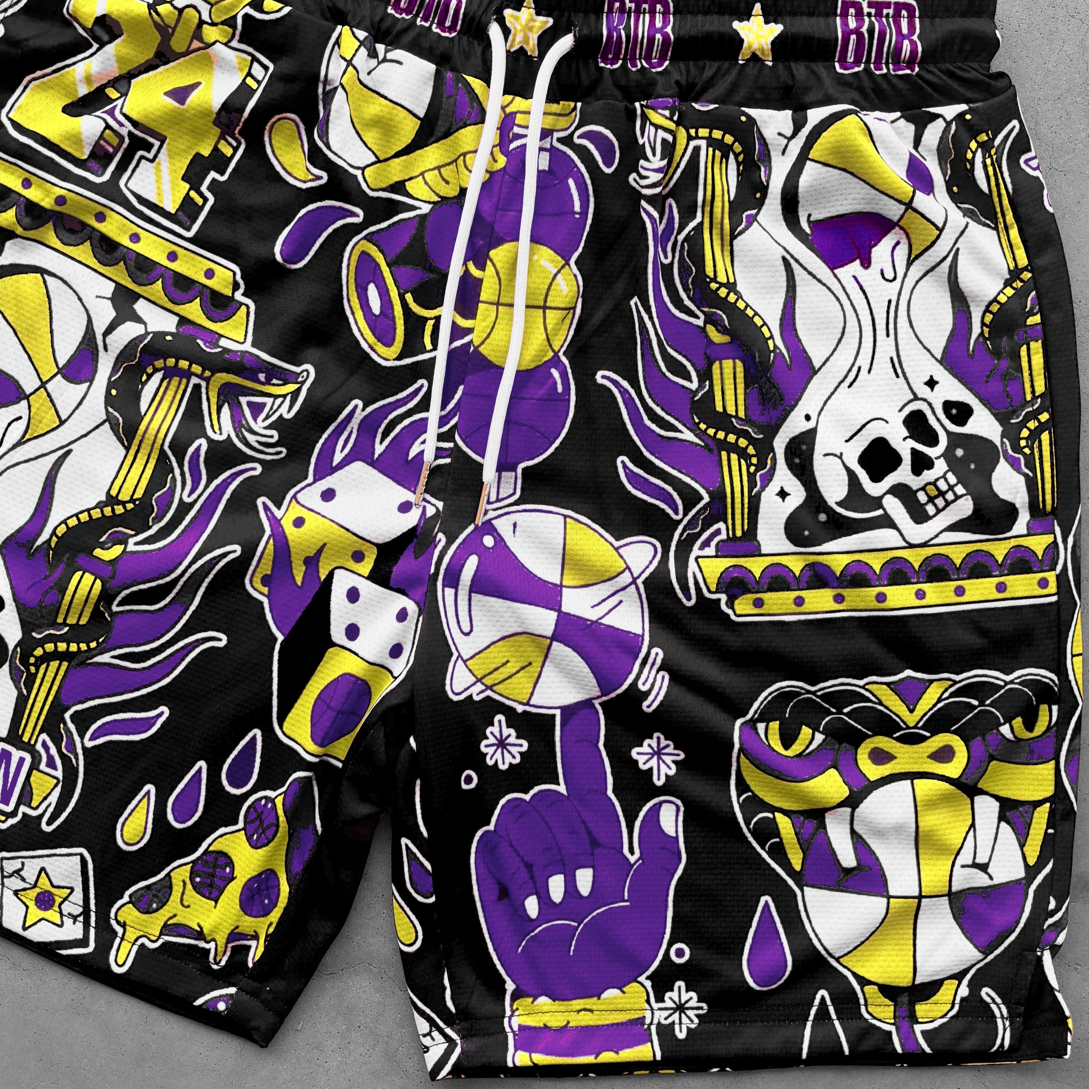 Collection of Black Mamba Kobe shorts with purple and yellow graphic designs on a gray background in a gallery layout
