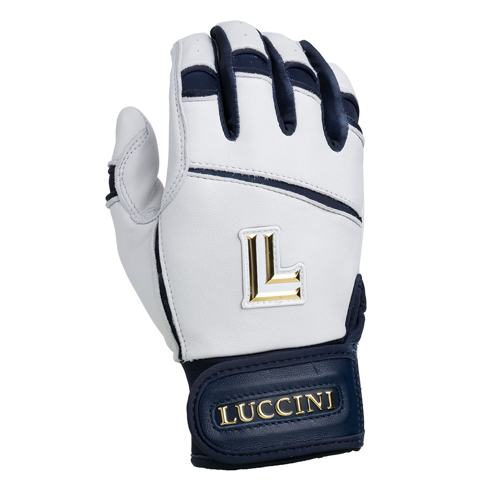 Collection of White and navy glove with gold letter 'L' and brand name on a white background in a gallery layout