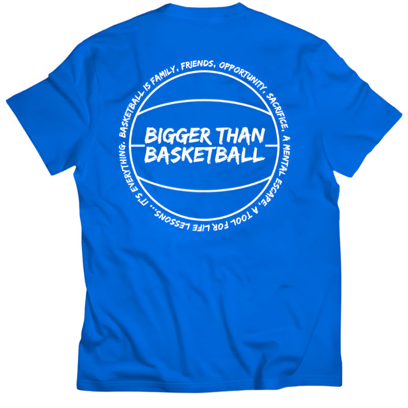 Collection of Blue t-shirt with 'Bigger Than Basketball' text on a white background in a gallery layout