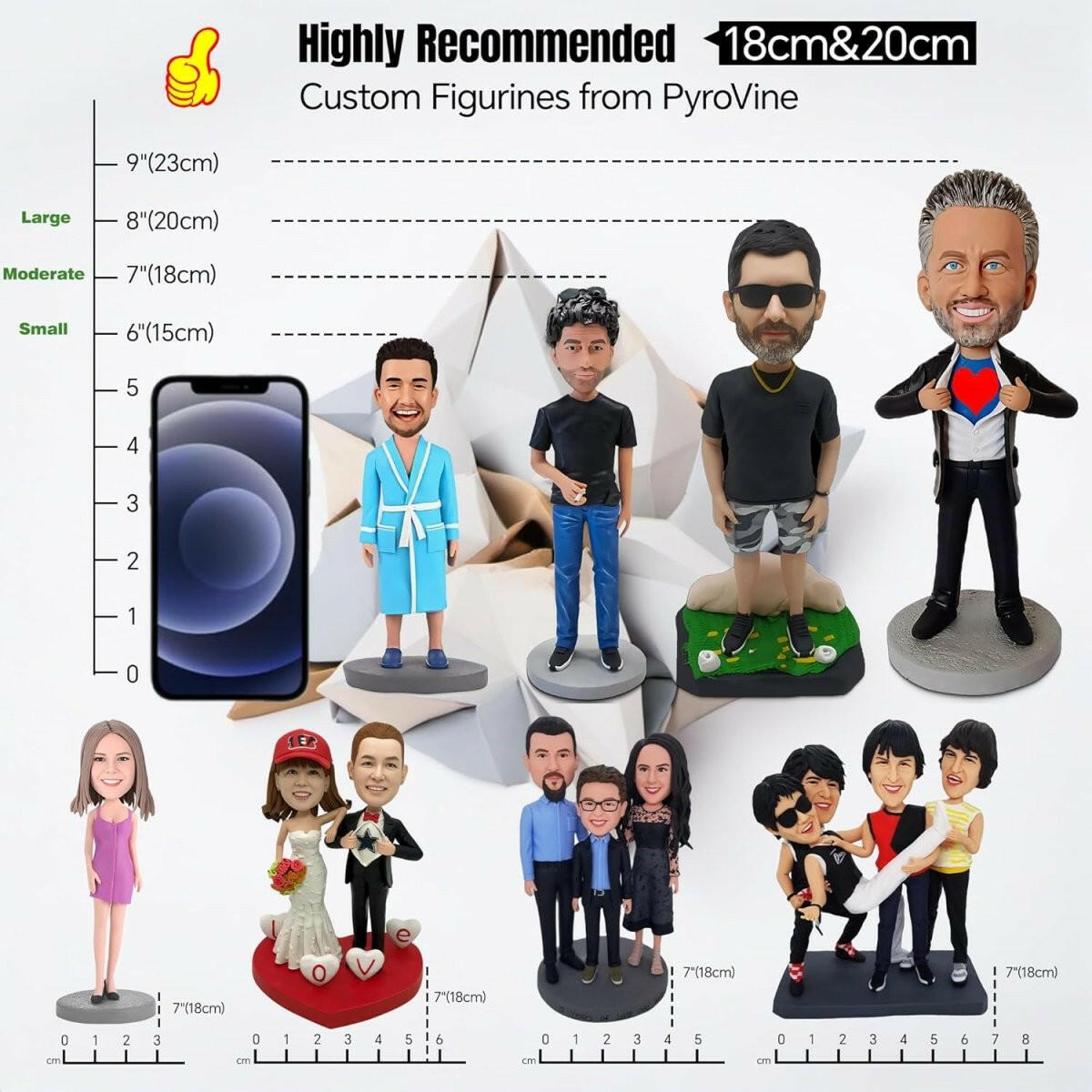 Collection of Custom figurines from PyroVine with size chart and smartphone for scale. in a gallery layout