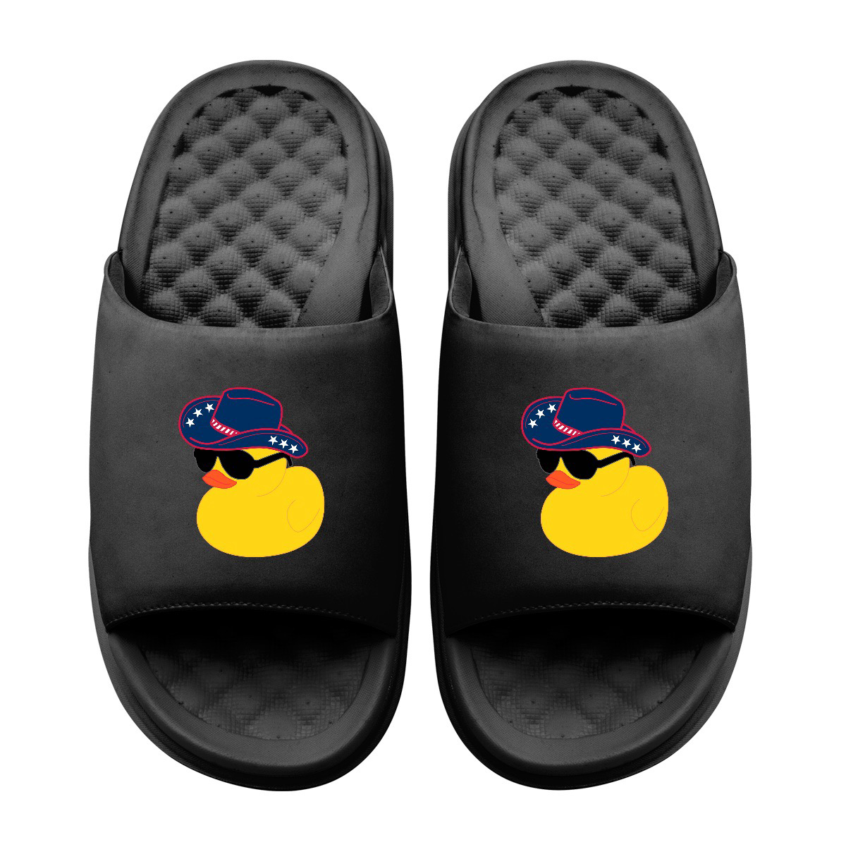 Collection of Black slides with a yellow rubber duck wearing a blue hat and sunglasses on a white background in a gallery layout
