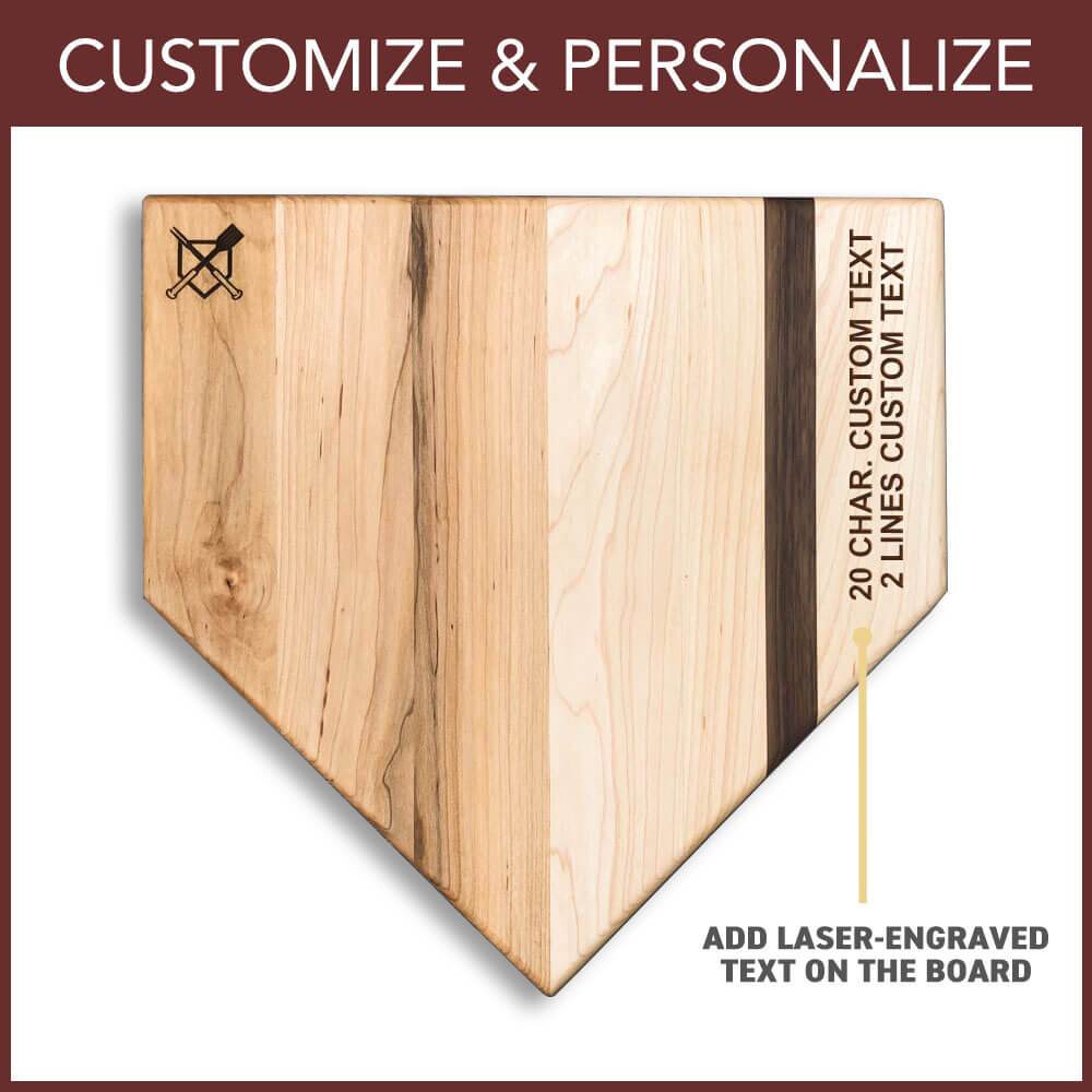 Collection of Wooden home plate with text customization options on a white background in a gallery layout