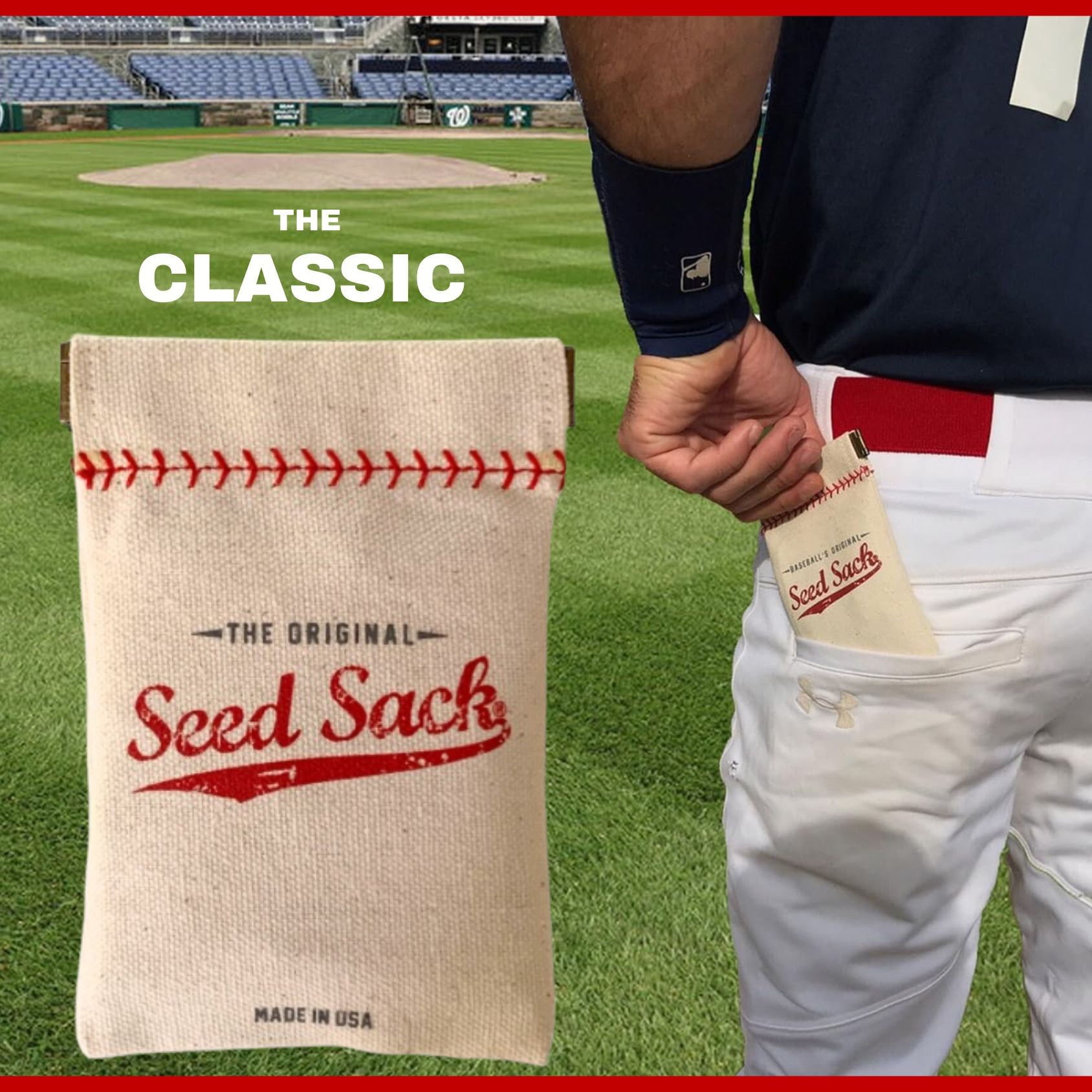 Seed sack with red stitching held by a person on a baseball field, labeled 'The Original Seed Sack'.