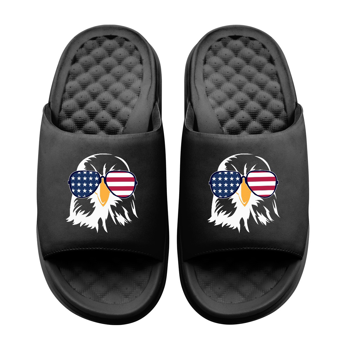 Collection of Black slides with an eagle design wearing American flag sunglasses on a white background in a gallery layout
