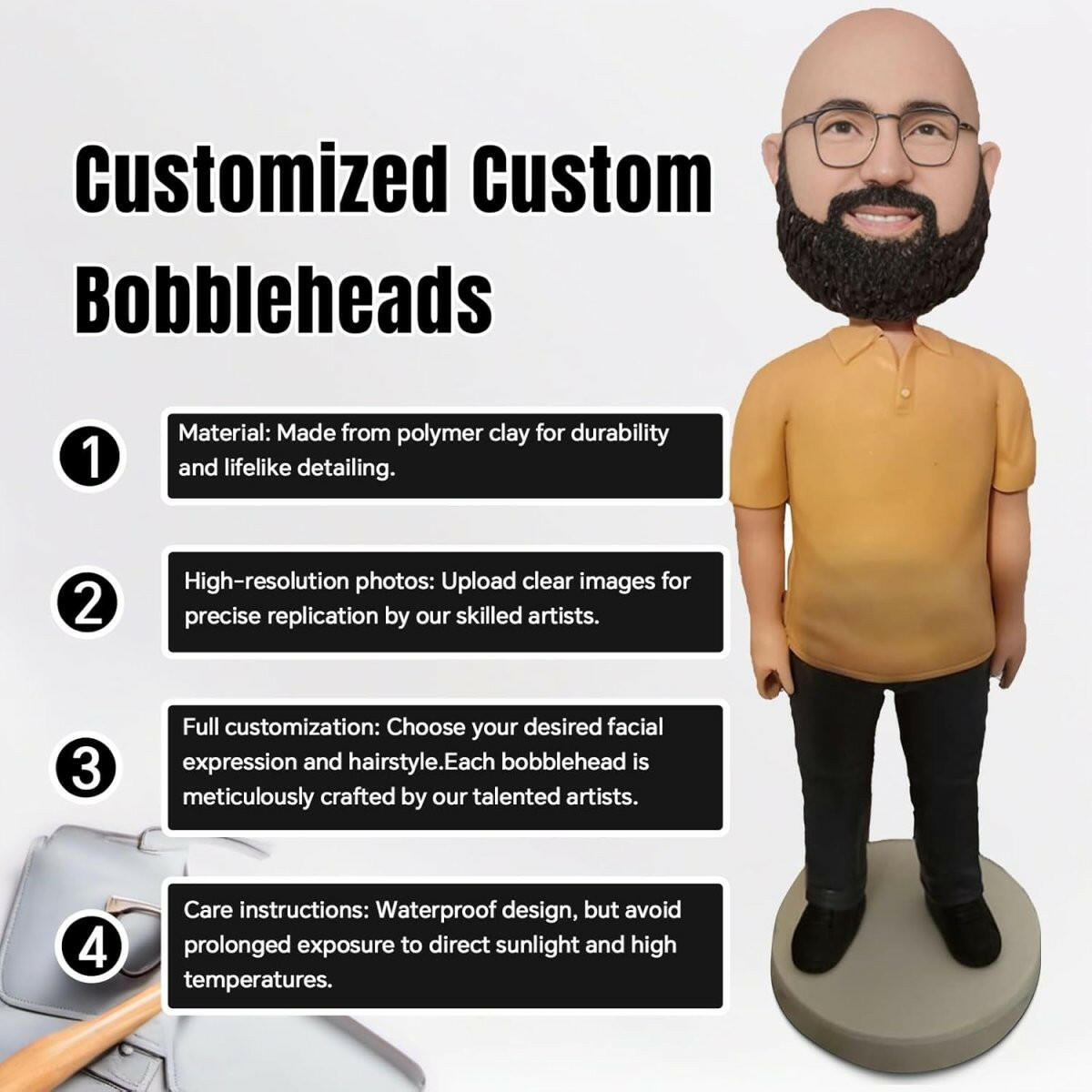 Customized custom bobblehead with a person's face, material details, and care instructions on a white background.