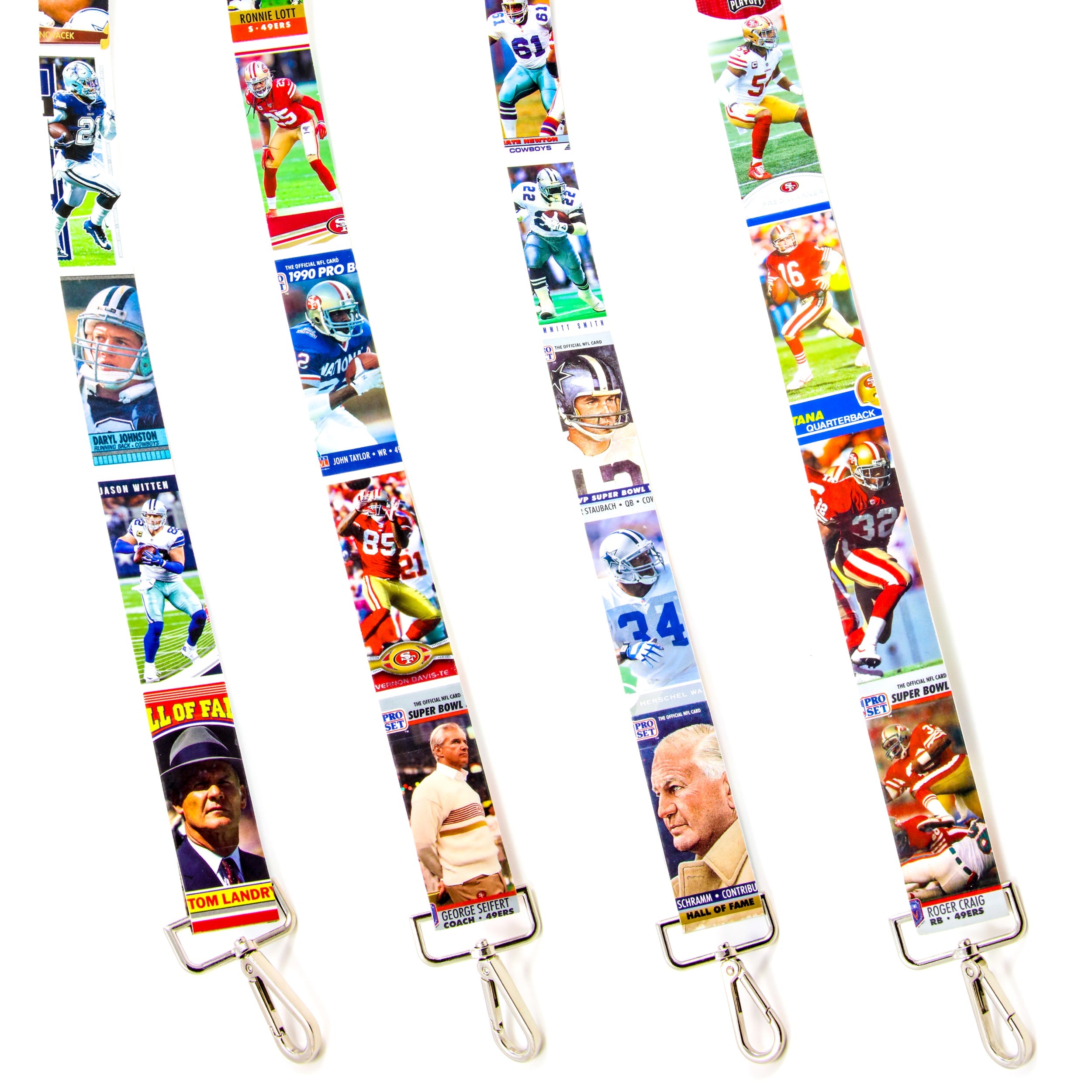 Collection of Two purse straps with football player images on a white background in a gallery layout
