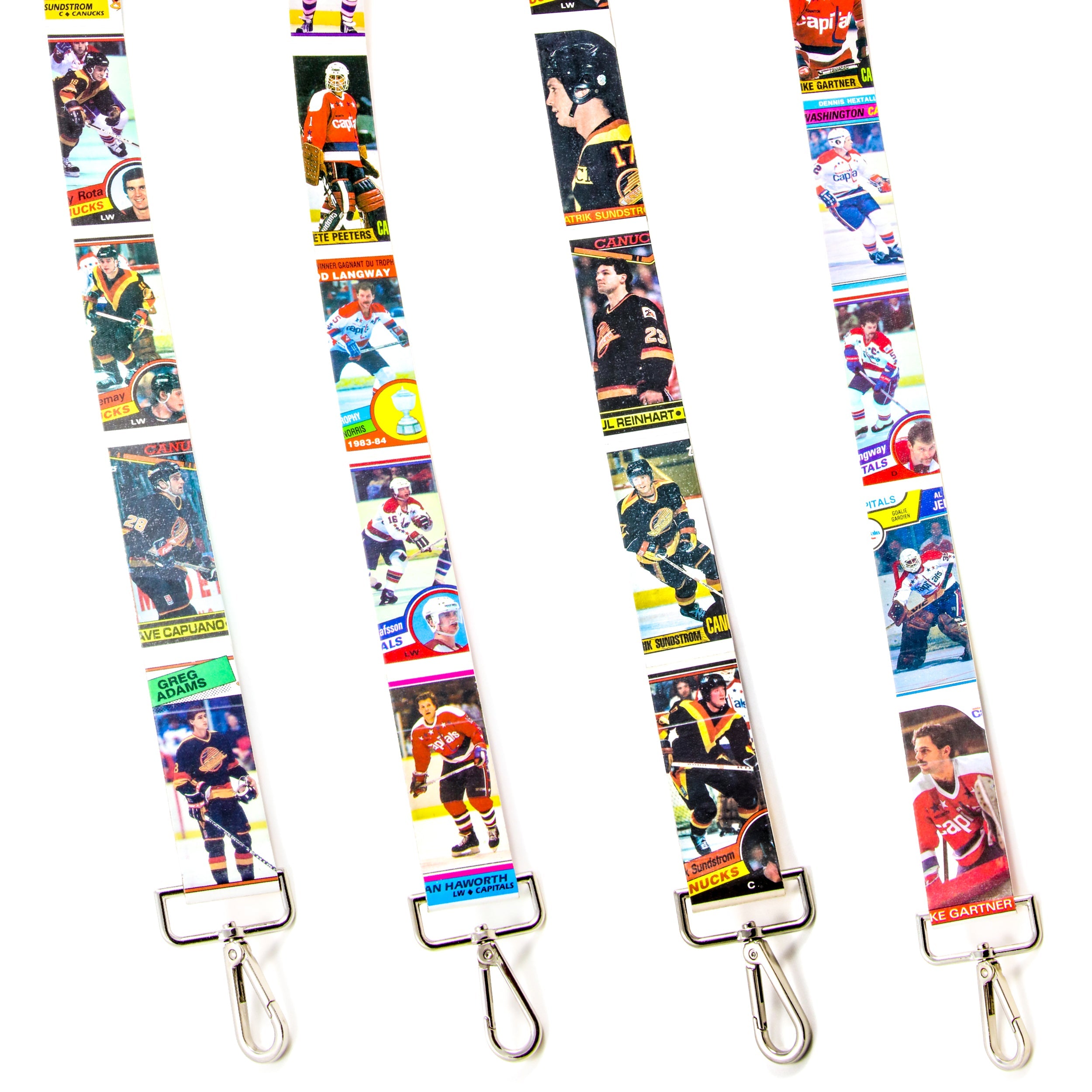 Collection of Four colorful lanyards with sports-themed designs on a white background in a gallery layout