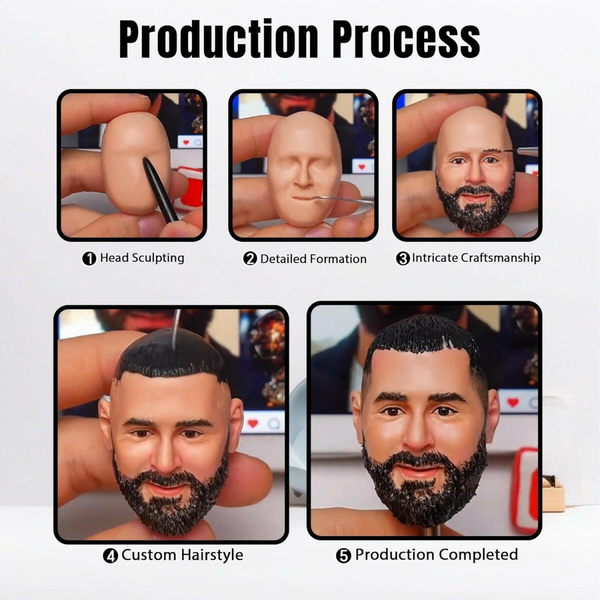 Step-by-step process of creating a custom head sculpture with detailed formation and customization.