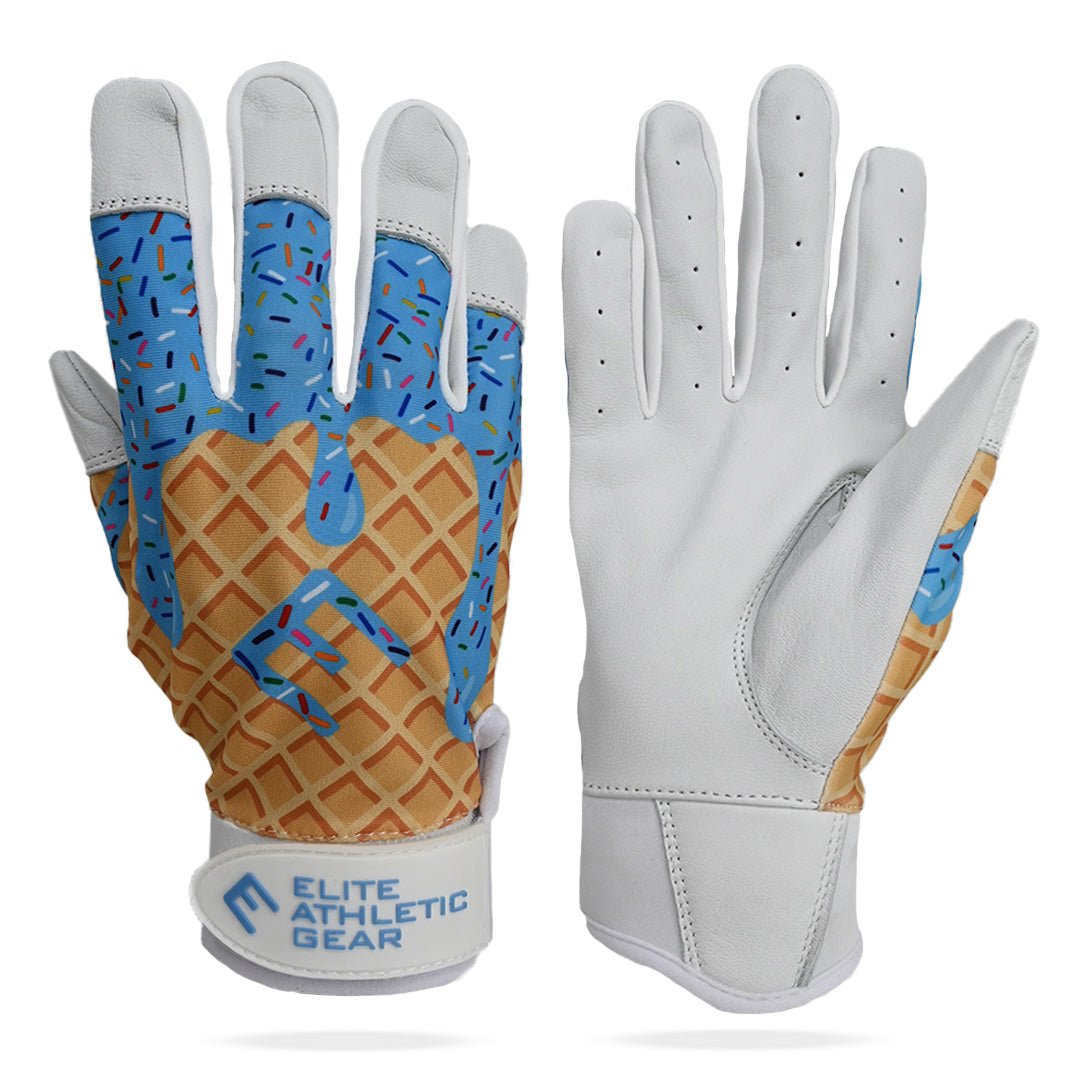 Collection of Ice cream drip Batting Gloves with waffle pattern and blue accents  in a gallery layout