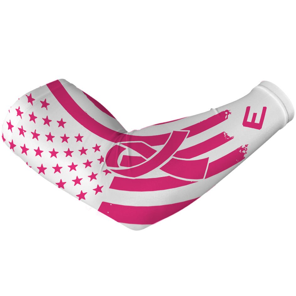 Collection of White and pink sports arm sleeve with star pattern and logo on a white. background. Breast Cancer in a gallery layout