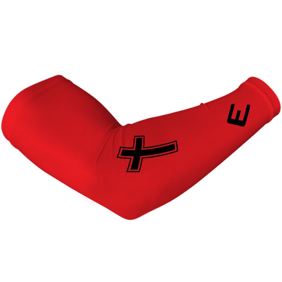 Red Faith arm sleeve with black cross design 