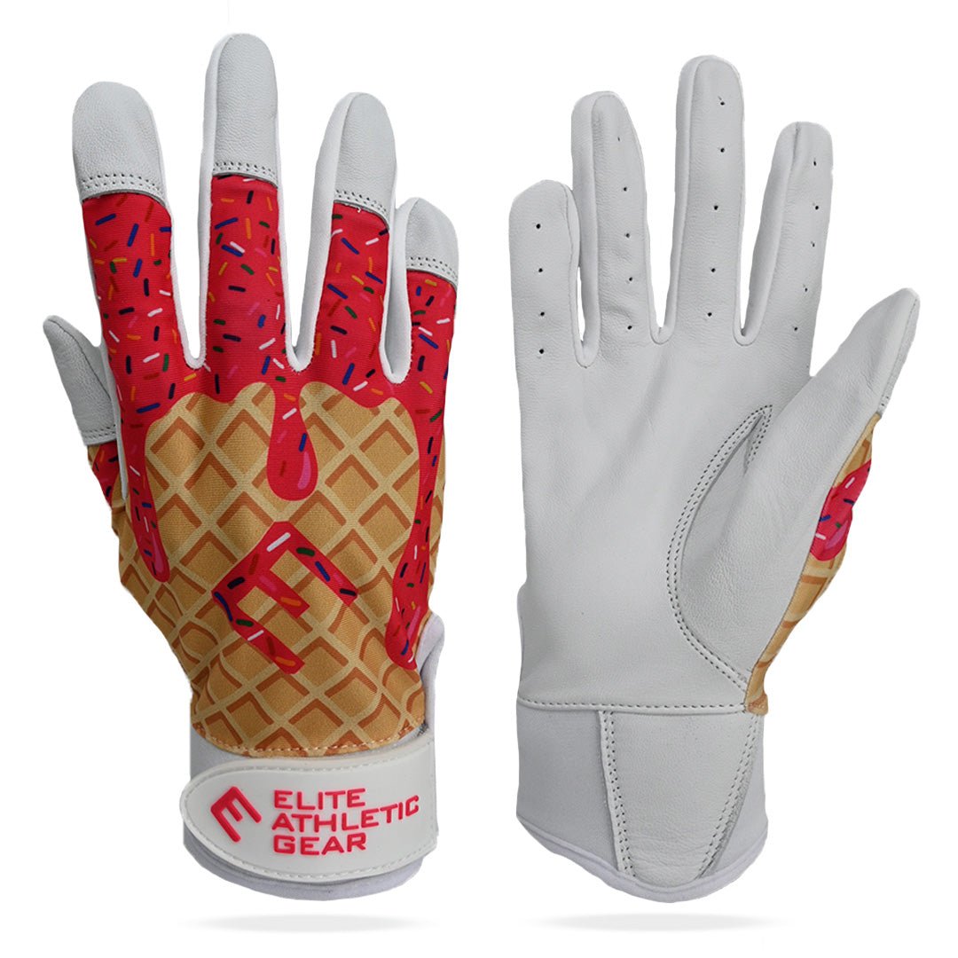 Collection of Ice Cream Drip Batting Gloves with waffle design and red accents on a white background in a gallery layout