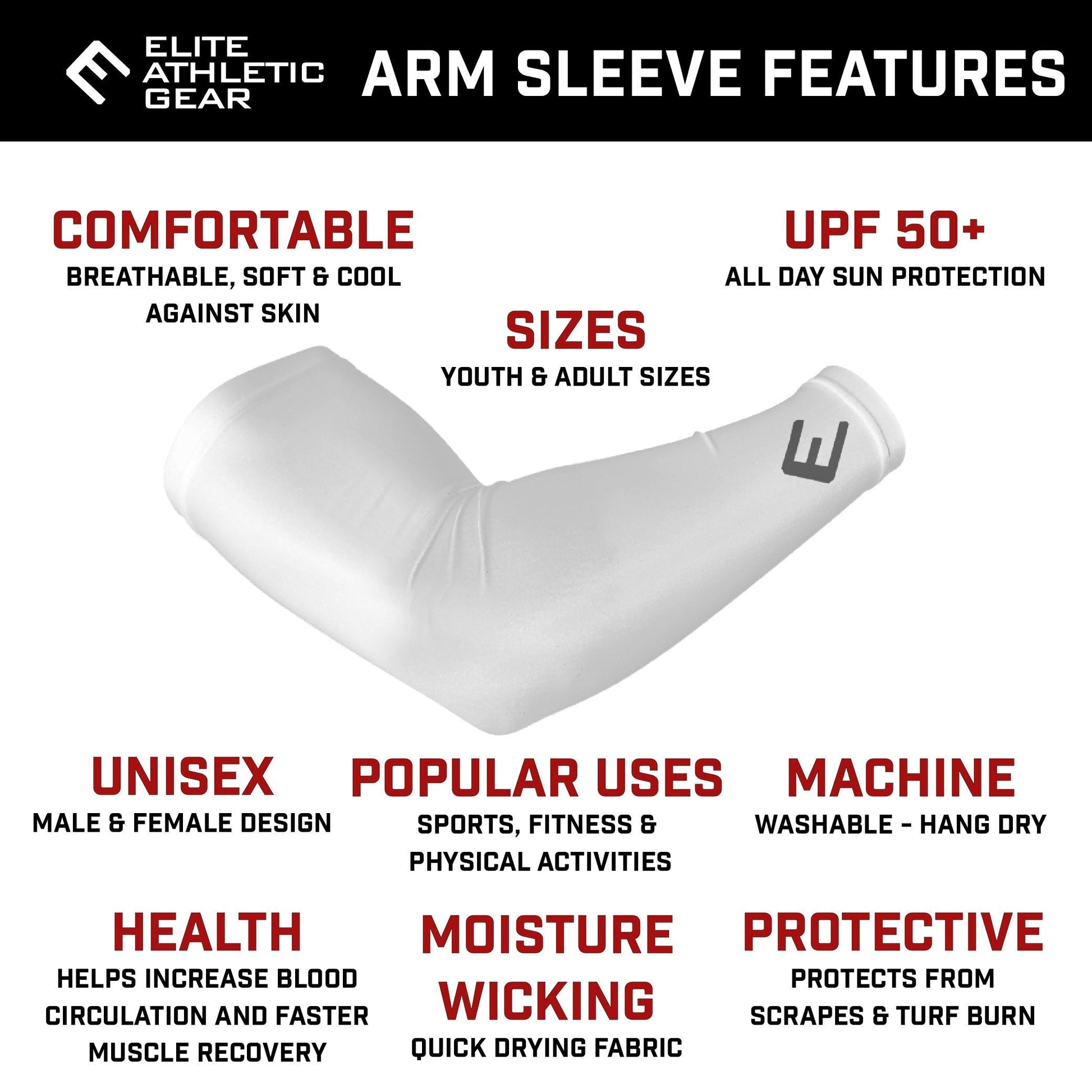 White arm sleeve with features listed on a white background
