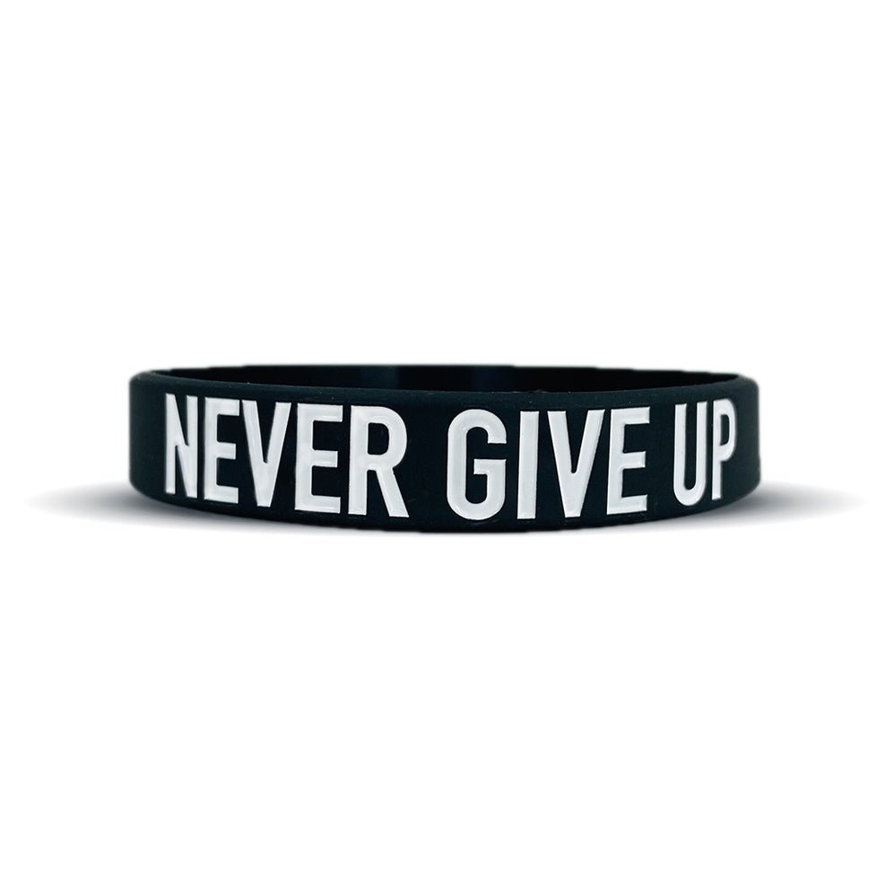 Collection of Black wristband with 'NEVER GIVE UP' text on a white background in a gallery layout