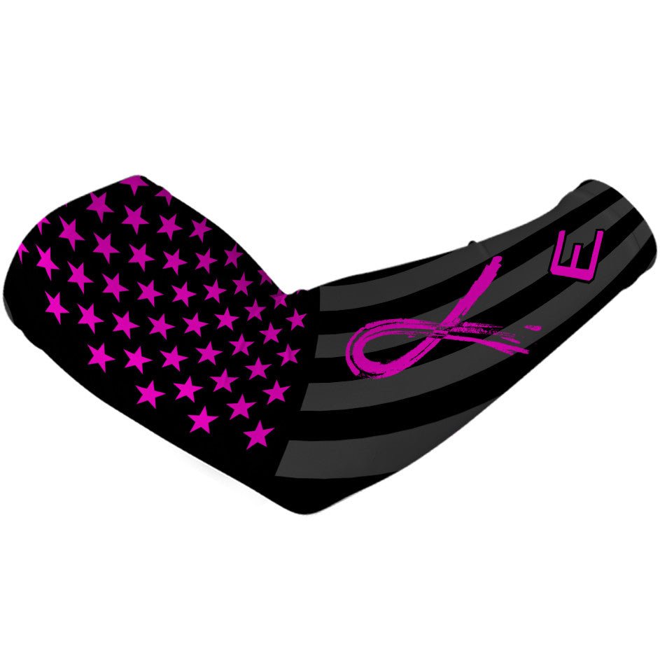 Collection of Breast Cancer Awareness Arm Sleeve. Black arm sleeve with pink stars and a pink ribbon on a white background in a gallery layout