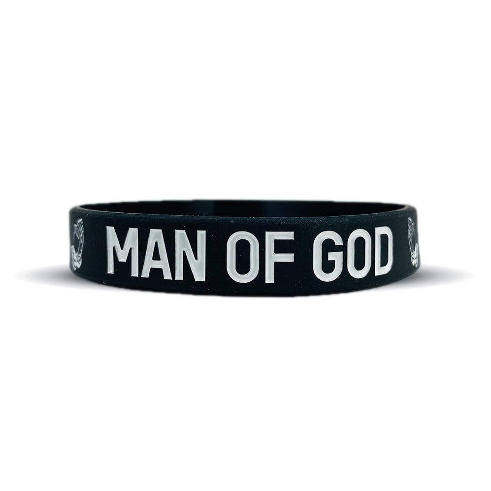 Collection of Black wristband with 'MAN OF GOD' text on a white background in a gallery layout