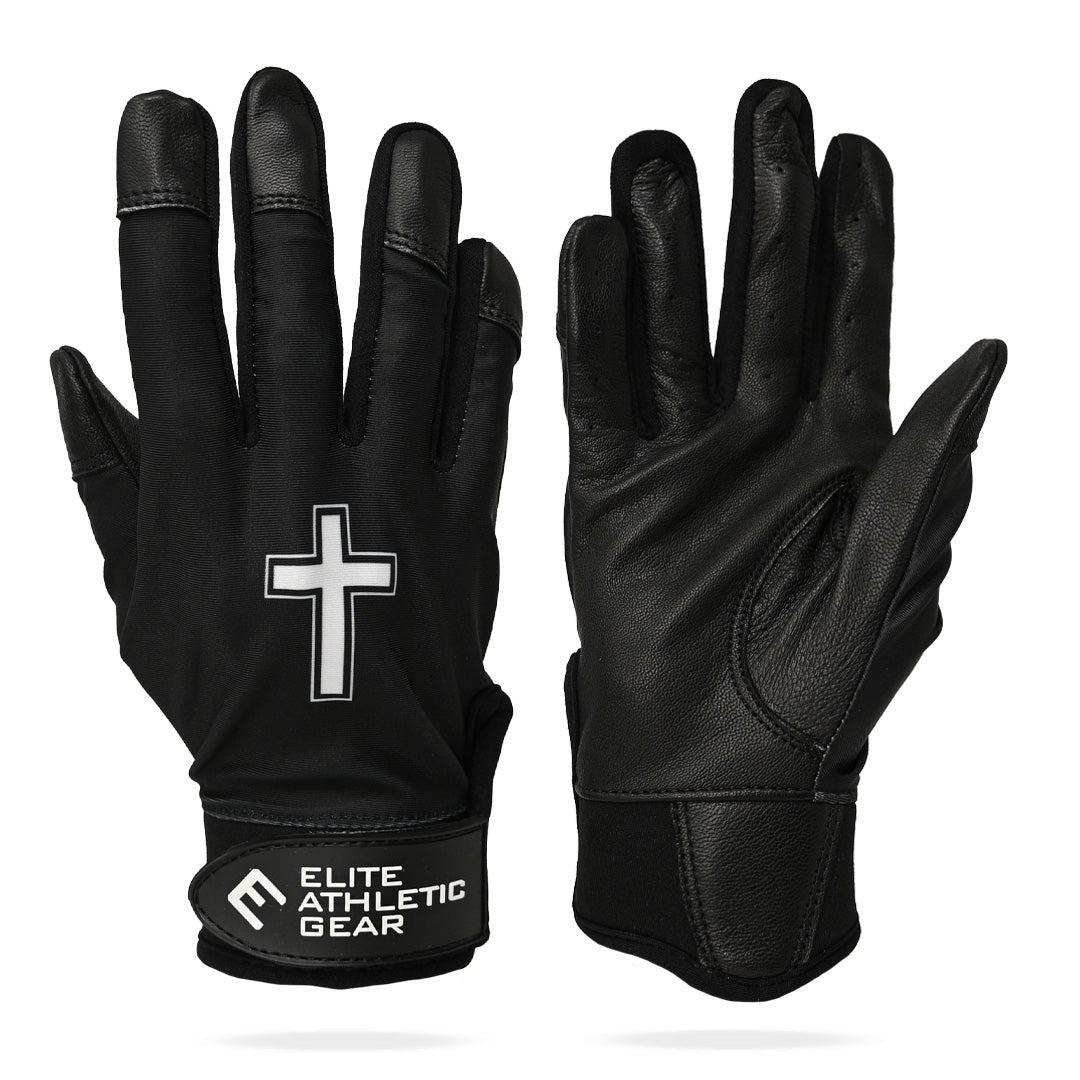 Collection of Black batting gloves with a white cross and 'Elite Athletic Gear' logo on a white background in a gallery layout