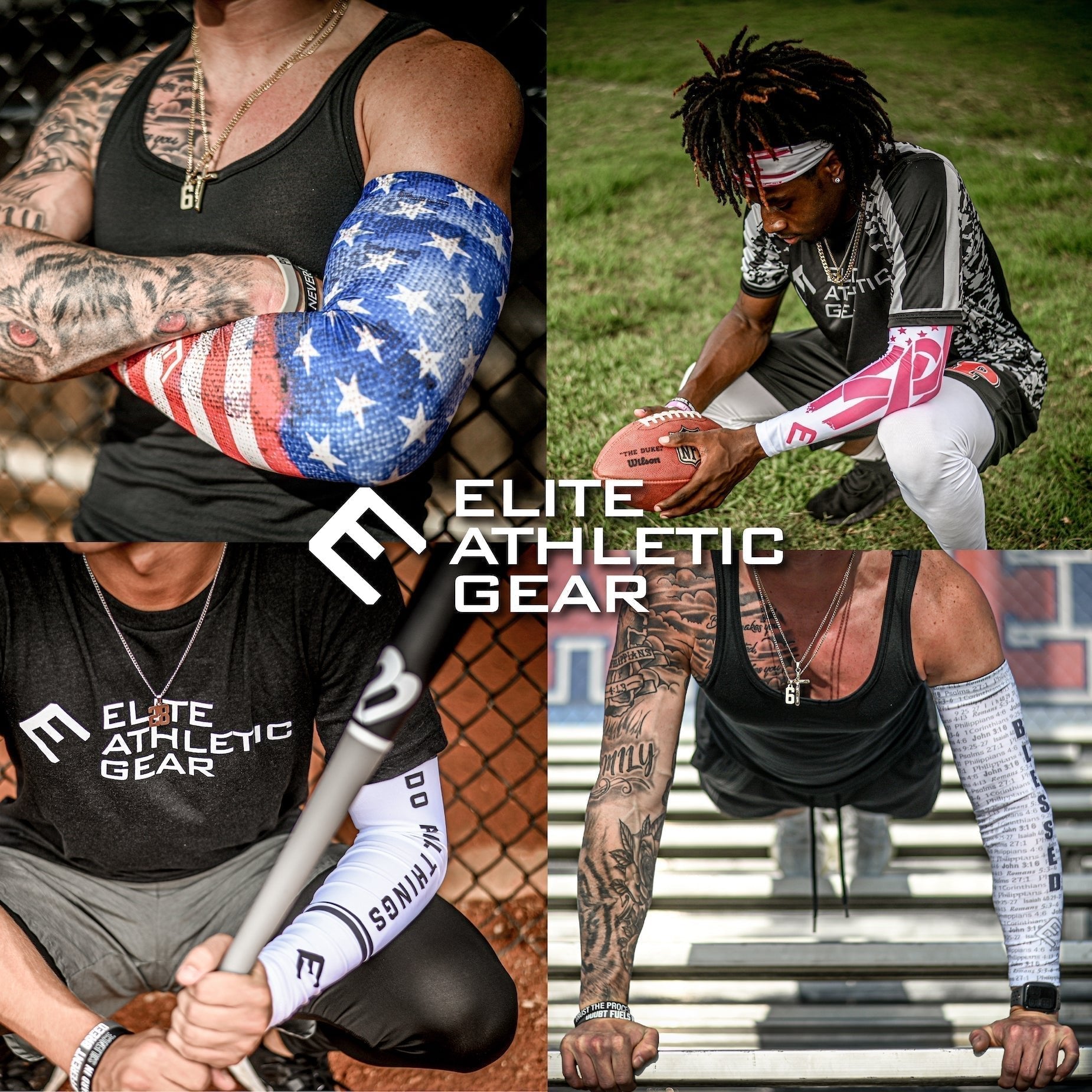 Collection of Collage of people wearing Elite Athletic Gear with various sports equipment and gear. in a gallery layout