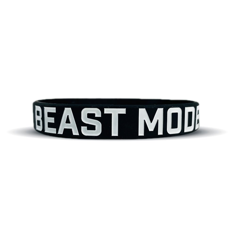Black wristband with 'BEAST MODE' text on a white background