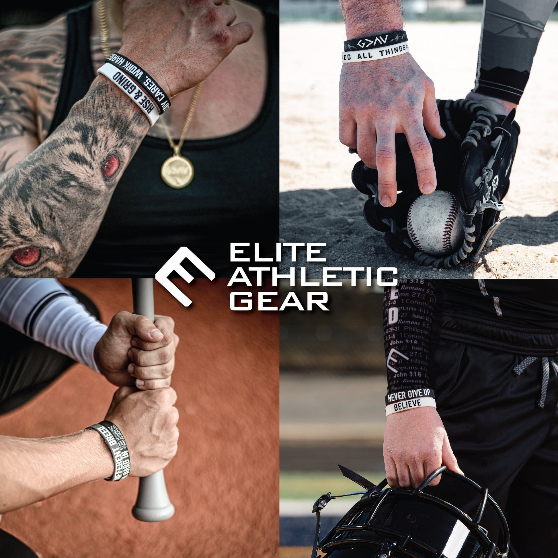 Collage of athletic gear with 'Elite Athletic Gear' logo and various sports equipment.