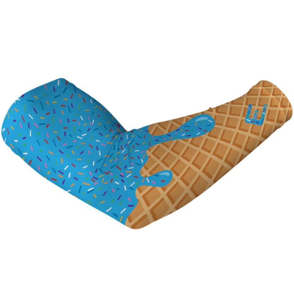 Waffle cone with blue ice cream and colorful sprinkles arm sleeve