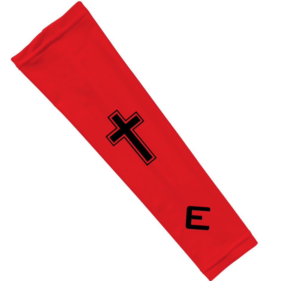 Red faith arm sleeve with black cross and letter 'E' on a white background