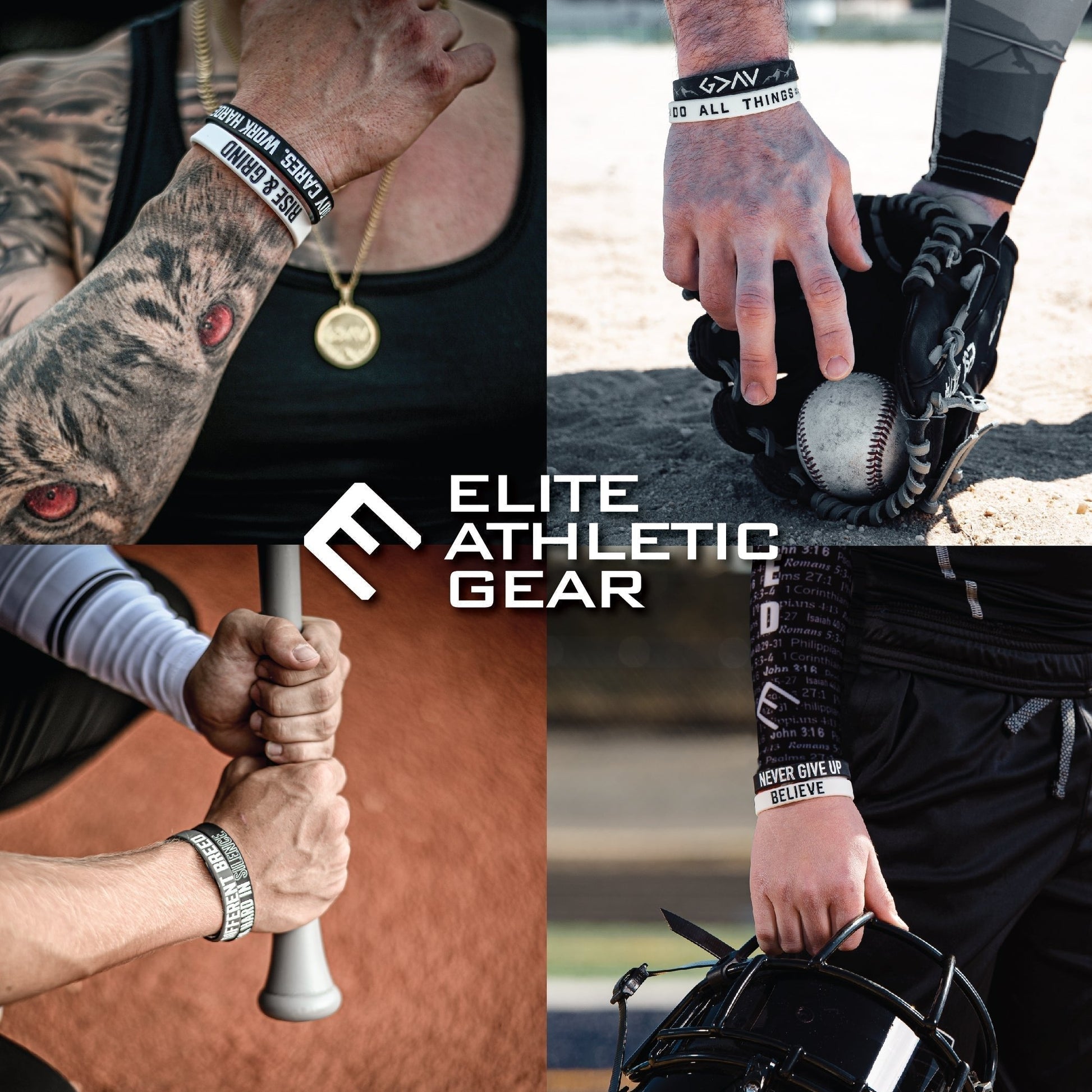 Collage of athletic gear with 'Elite Athletic Gear' logo and various sports equipment.