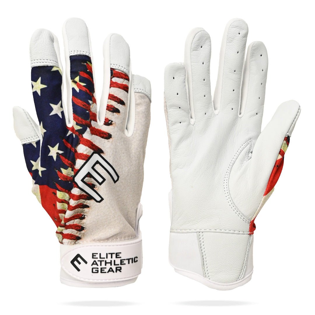 Collection of Batting Gloves with American flag design and 'Elite Athletic Gear' branding on a white background in a gallery layout