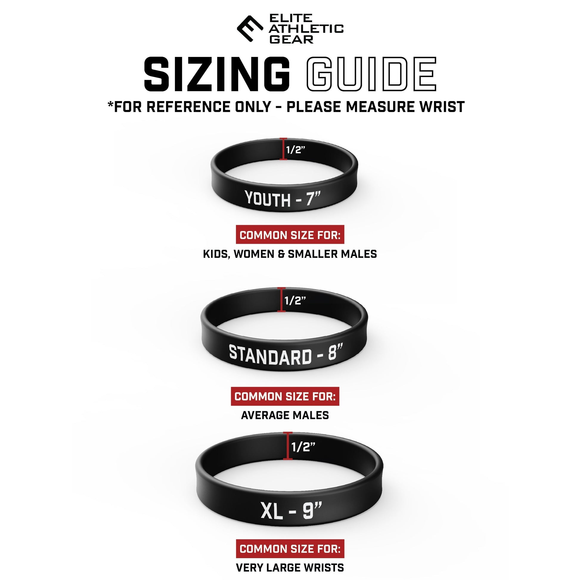 Sizing guide for wristbands with measurements and labels on a white background