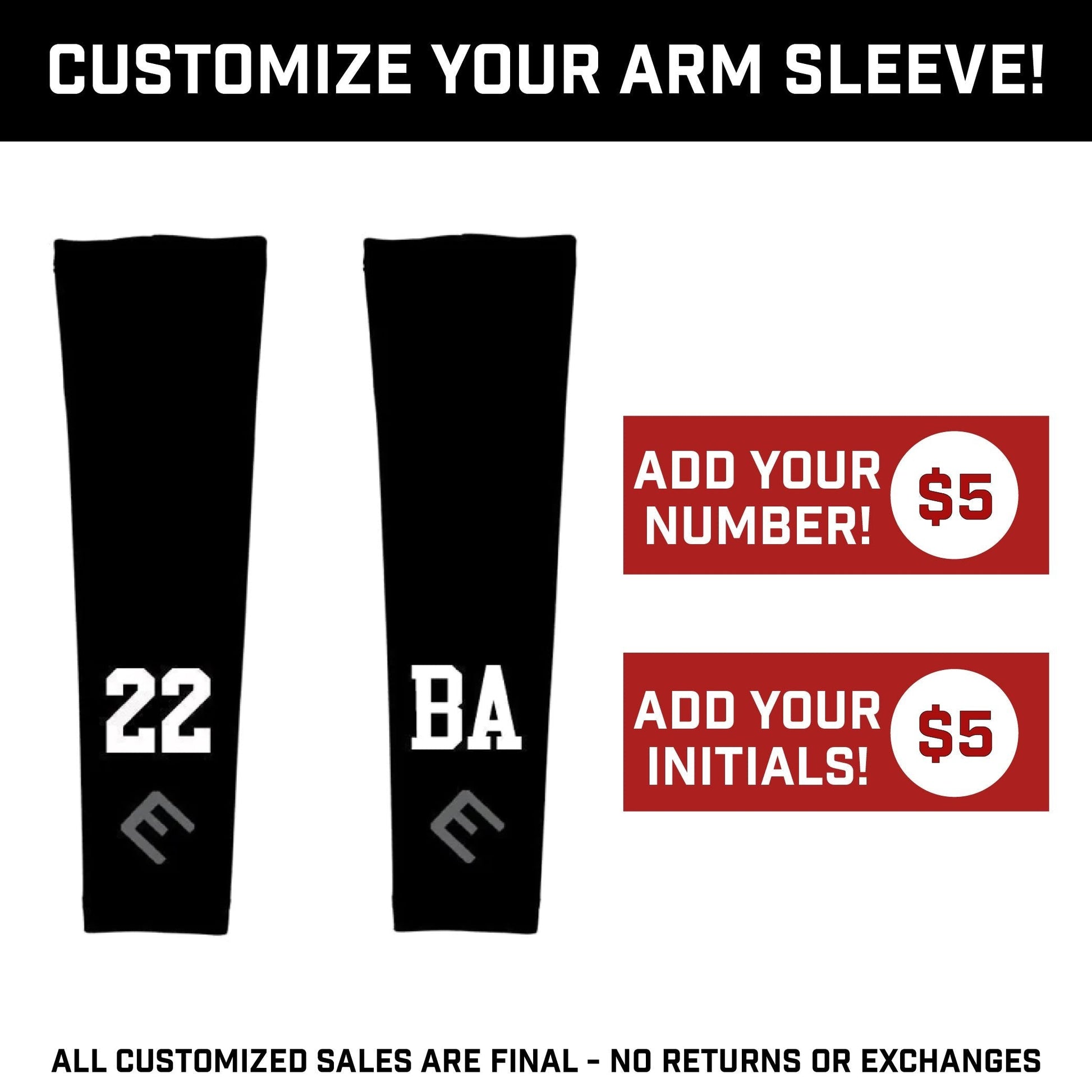 Black arm sleeves with customizable options on a white background