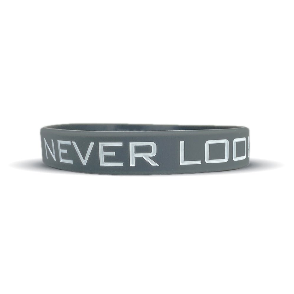 Collection of Gray wristband with 'NEVER LOOK' text on a white background in a gallery layout