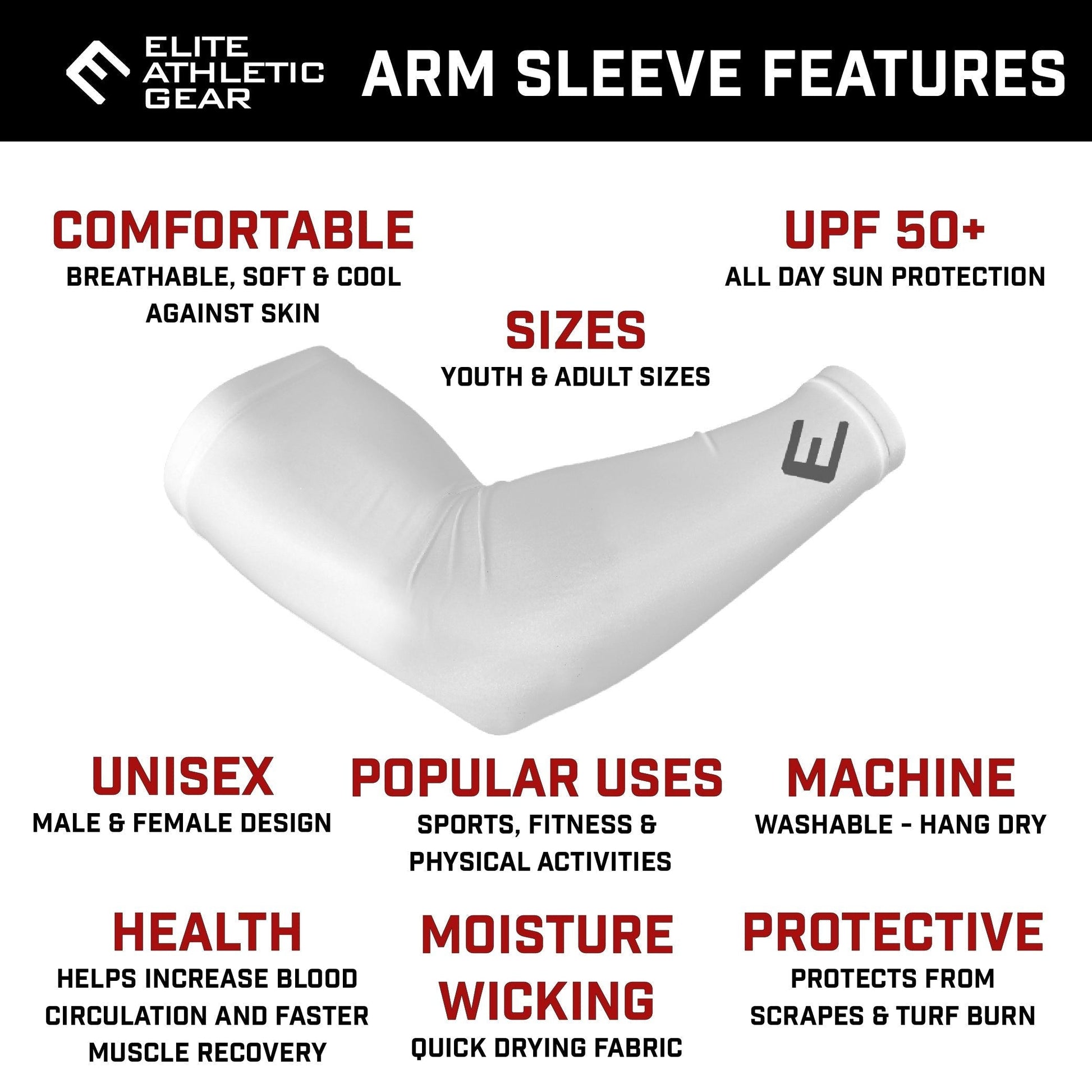 White arm sleeve with features listed on a white background