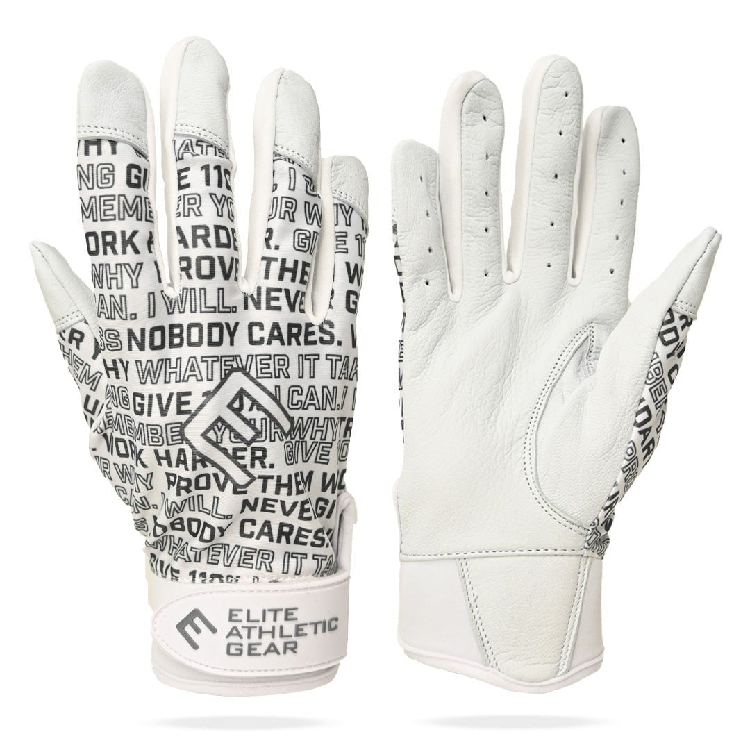 Collection of White athletic motivational quotes batting gloves with black text and branding on a white background in a gallery layout