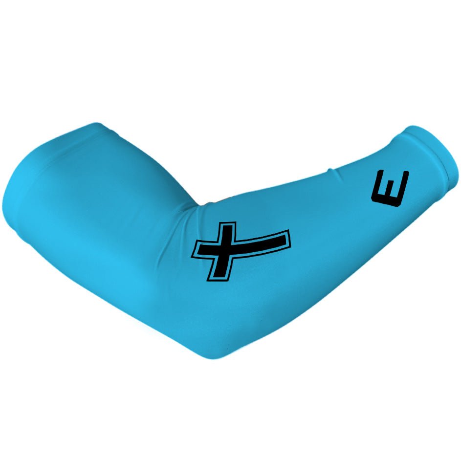 Blue cross arm sleeve with black logo on a white background