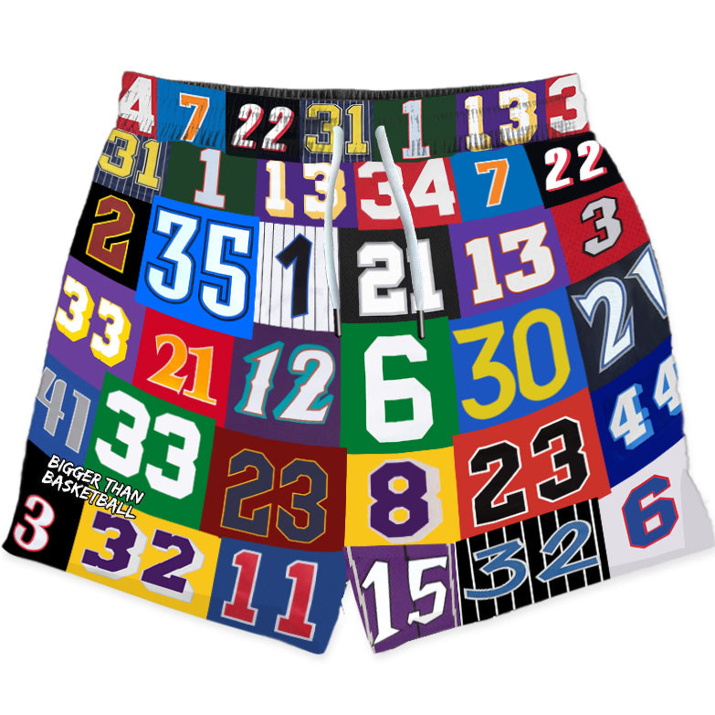 Collection of Colorful basketball hall of fame shorts with various numbers and letters on a white background in a gallery layout