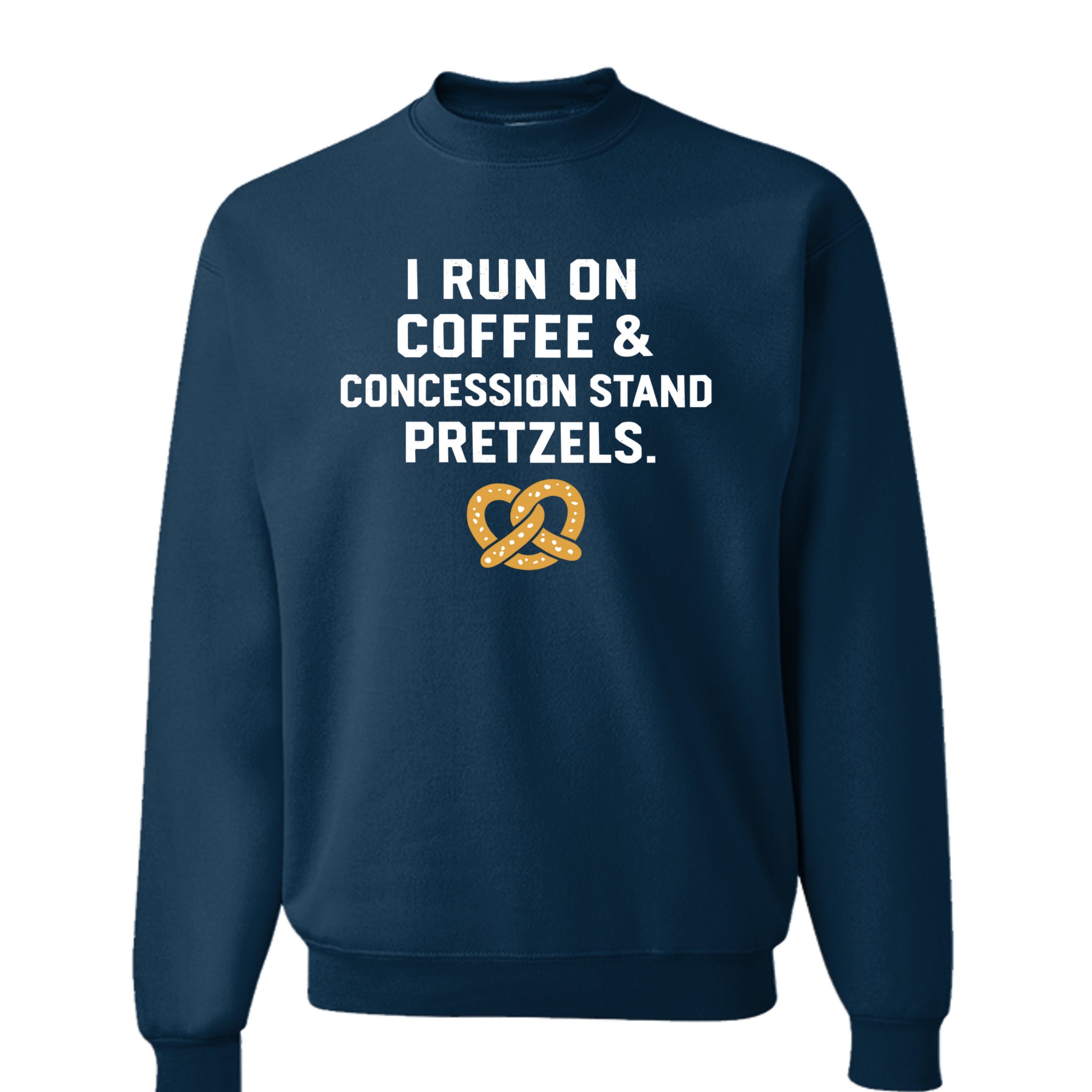 Collection of Navy - Coffee and concession stand pretzels crewneck in a gallery layout