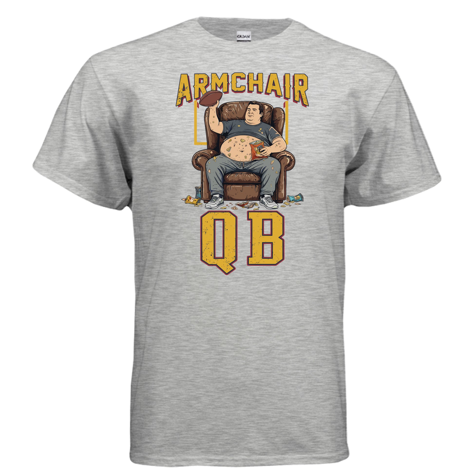 Armchair QB funny football shirt man in recliner holding football with chips scattered couch quarterback graphic tee