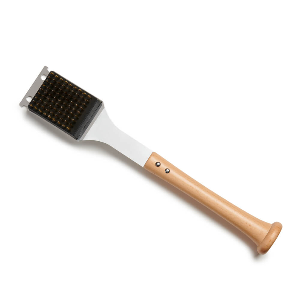 Collection of Barbecue brush with wooden baseball bat handle and metal bristle head on a white background in a gallery layout