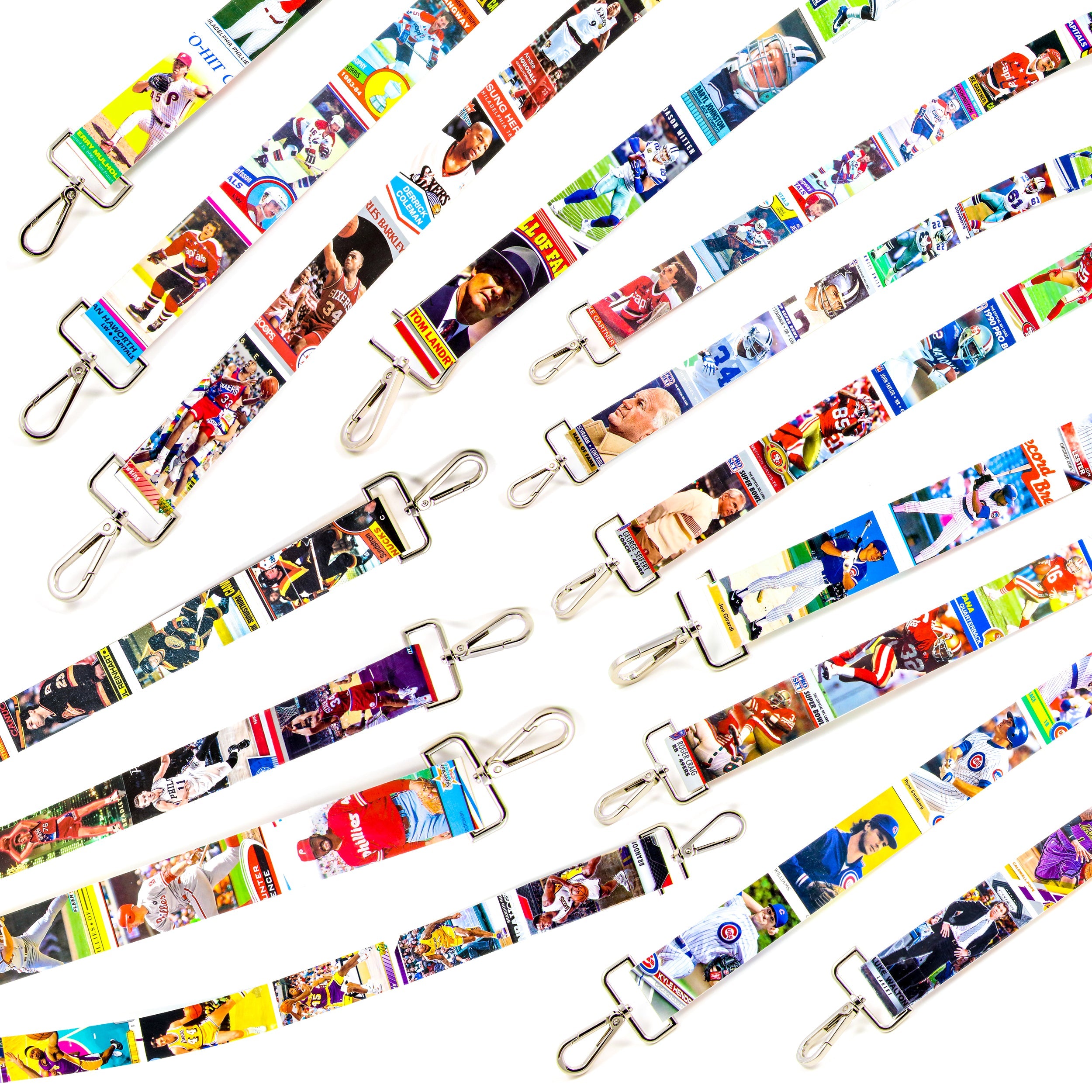 Collection of sports cards purse straps in a gallery layout