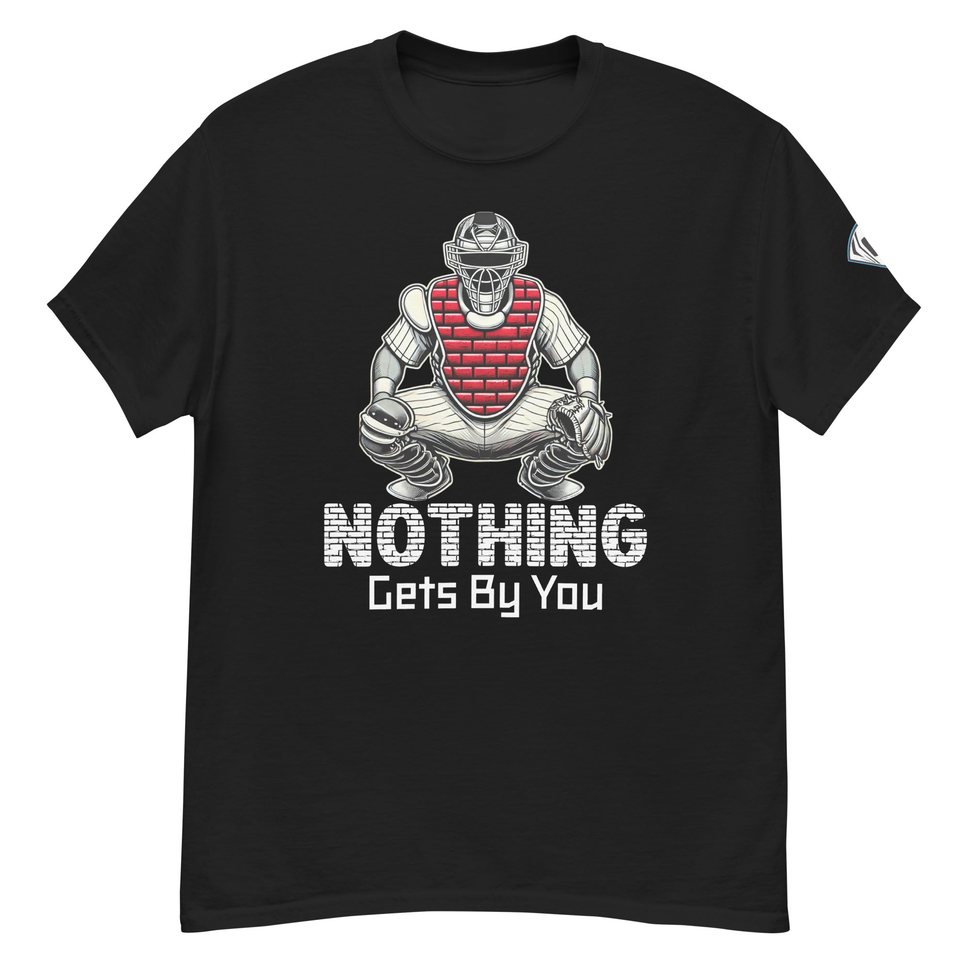 Collection of Black t-shirt with a graphic of a baseball catcher and the text 'NOTHING Gets By You' on the front. in a gallery layout