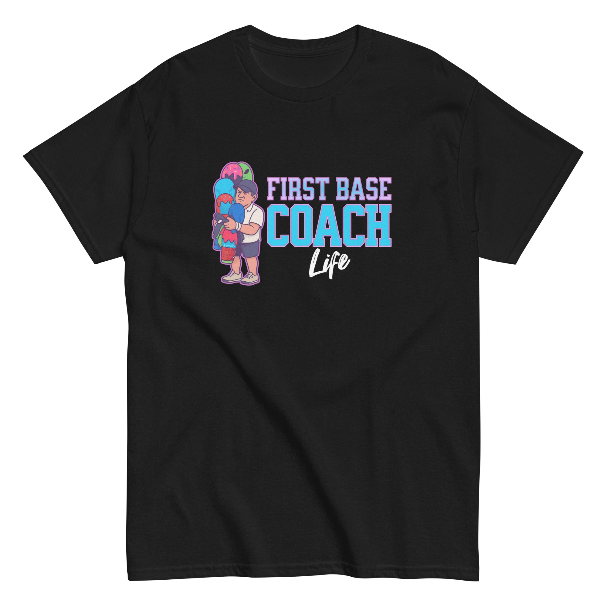 Collection of Black t-shirt with 'First Base Coach Life' graphic design on a white background in a gallery layout