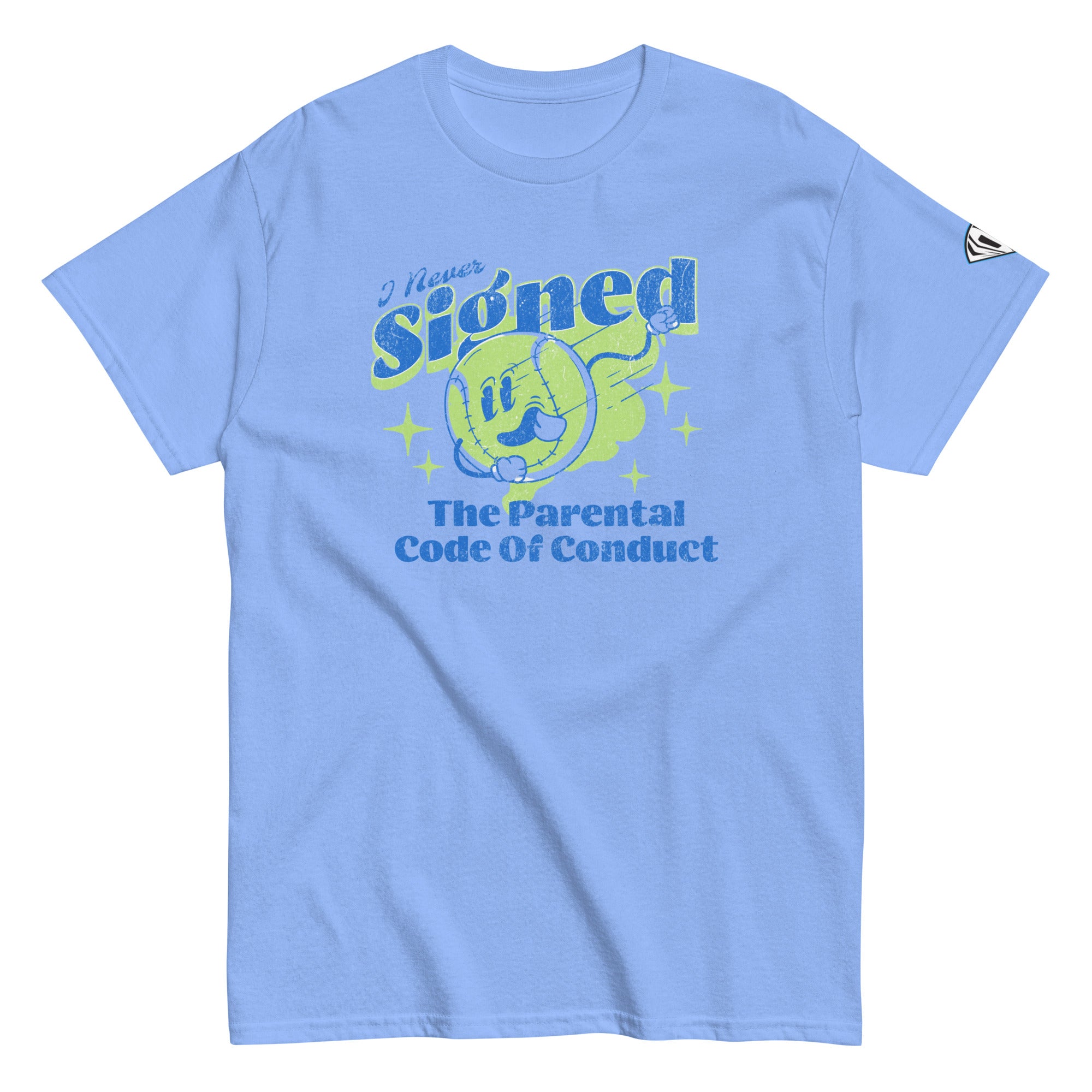 Collection of A blue t-shirt with the text 'I Never Signed The Parental Code of Conduct' printed on the front. in a gallery layout