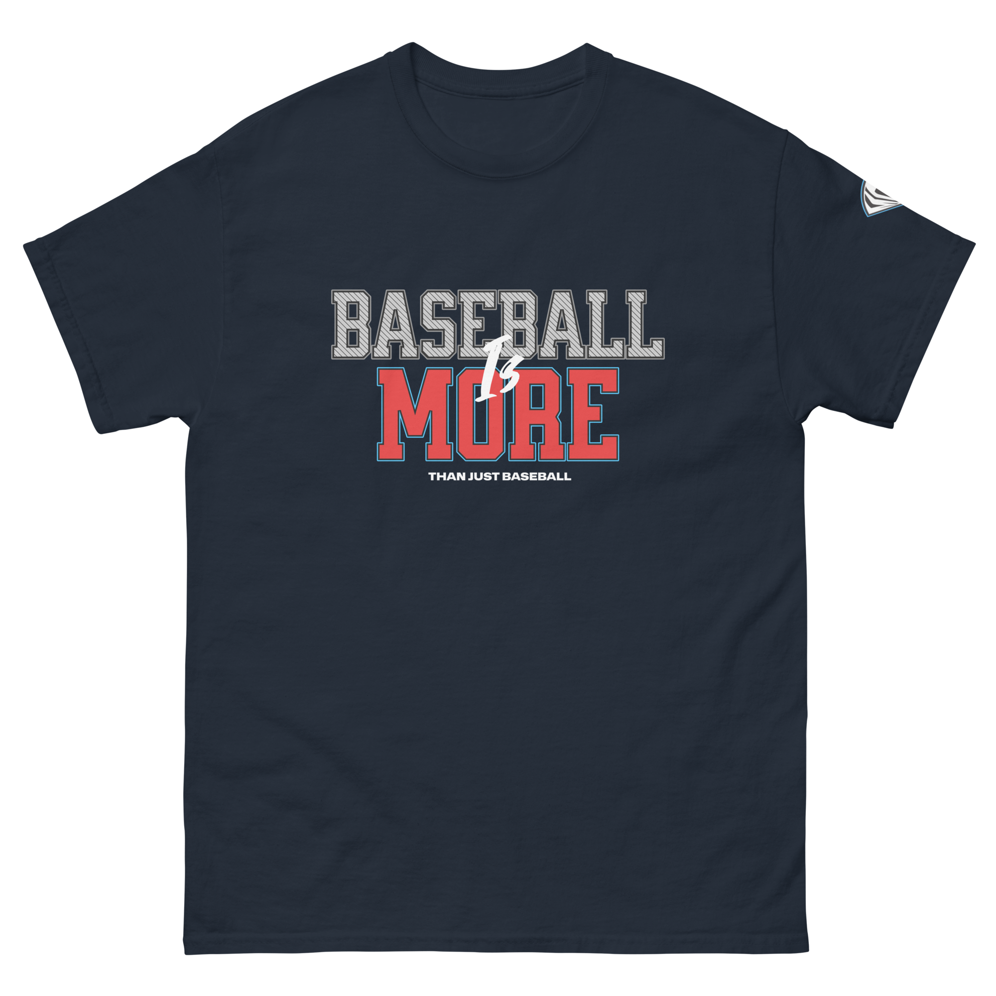 Collection of A navy-colored t-shirt with the text 'BASEBALL IS MORE THAN JUST BASEBALL' in white and red letters. in a gallery layout