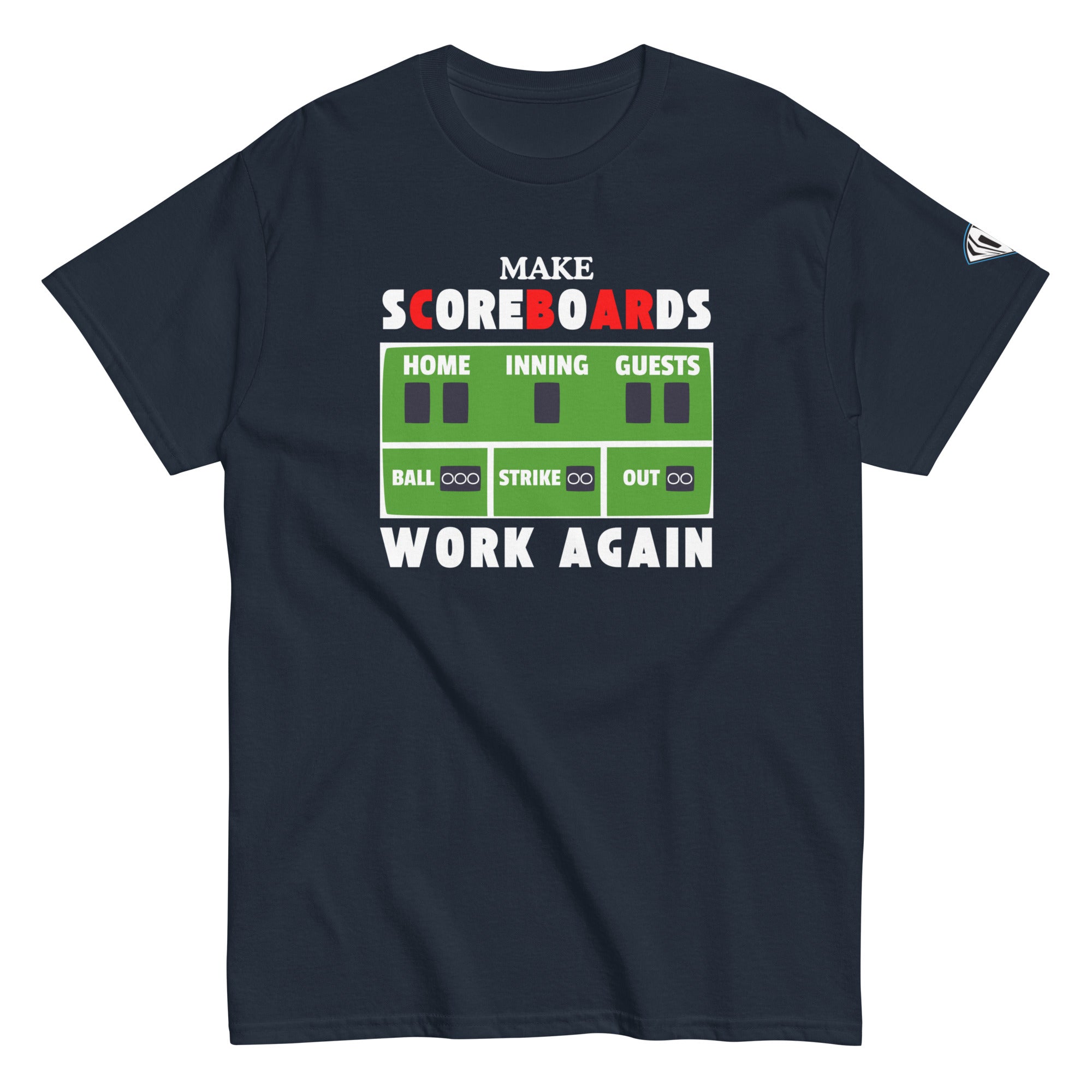 Collection of A navy t-shirt with a graphic print that reads 'MAKE SCOREBOARDS WORK AGAIN' accompanied by a stylized scoreboard design. in a gallery layout