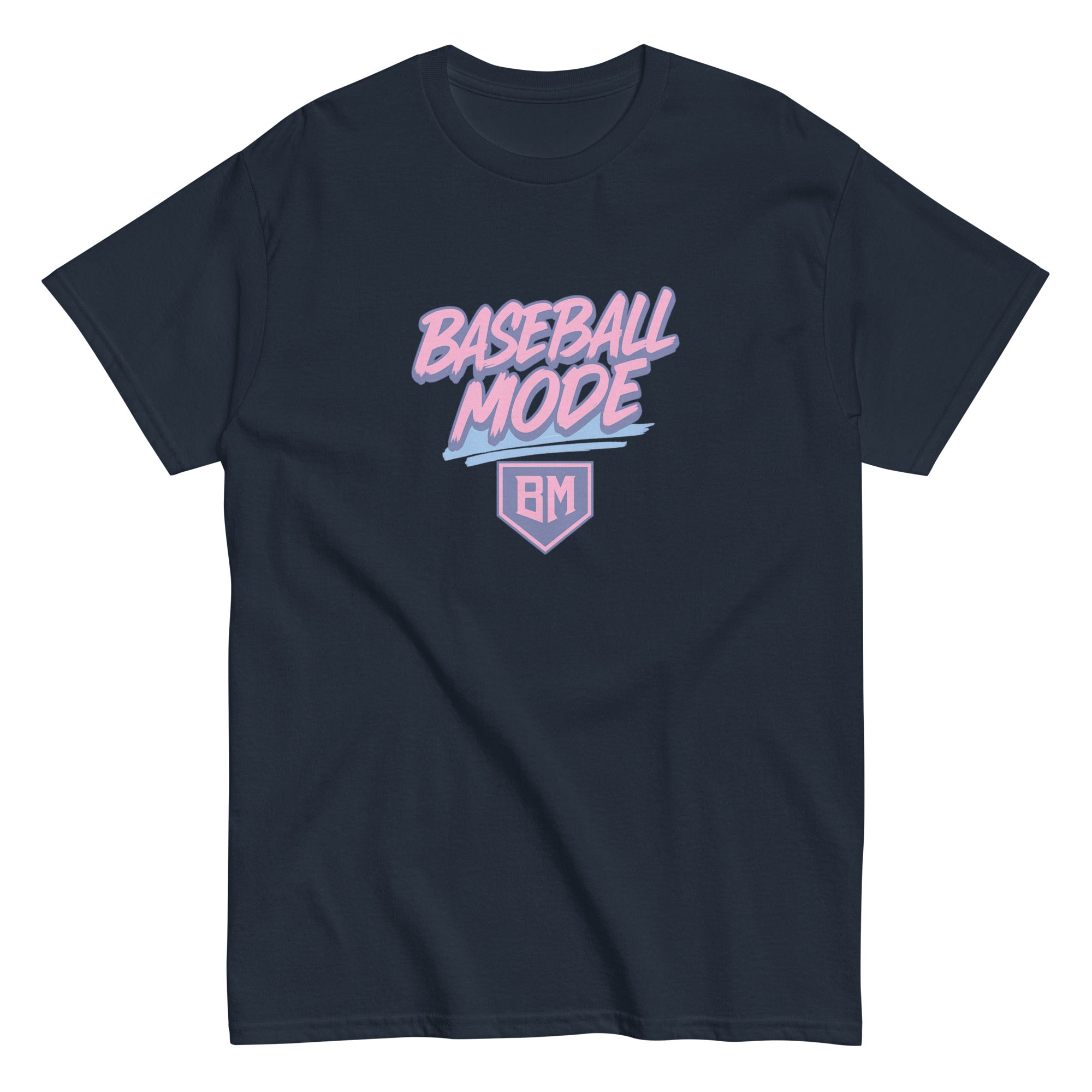 Collection of Navy blue t-shirt with 'Baseball Mode' text and logo on a white background in a gallery layout