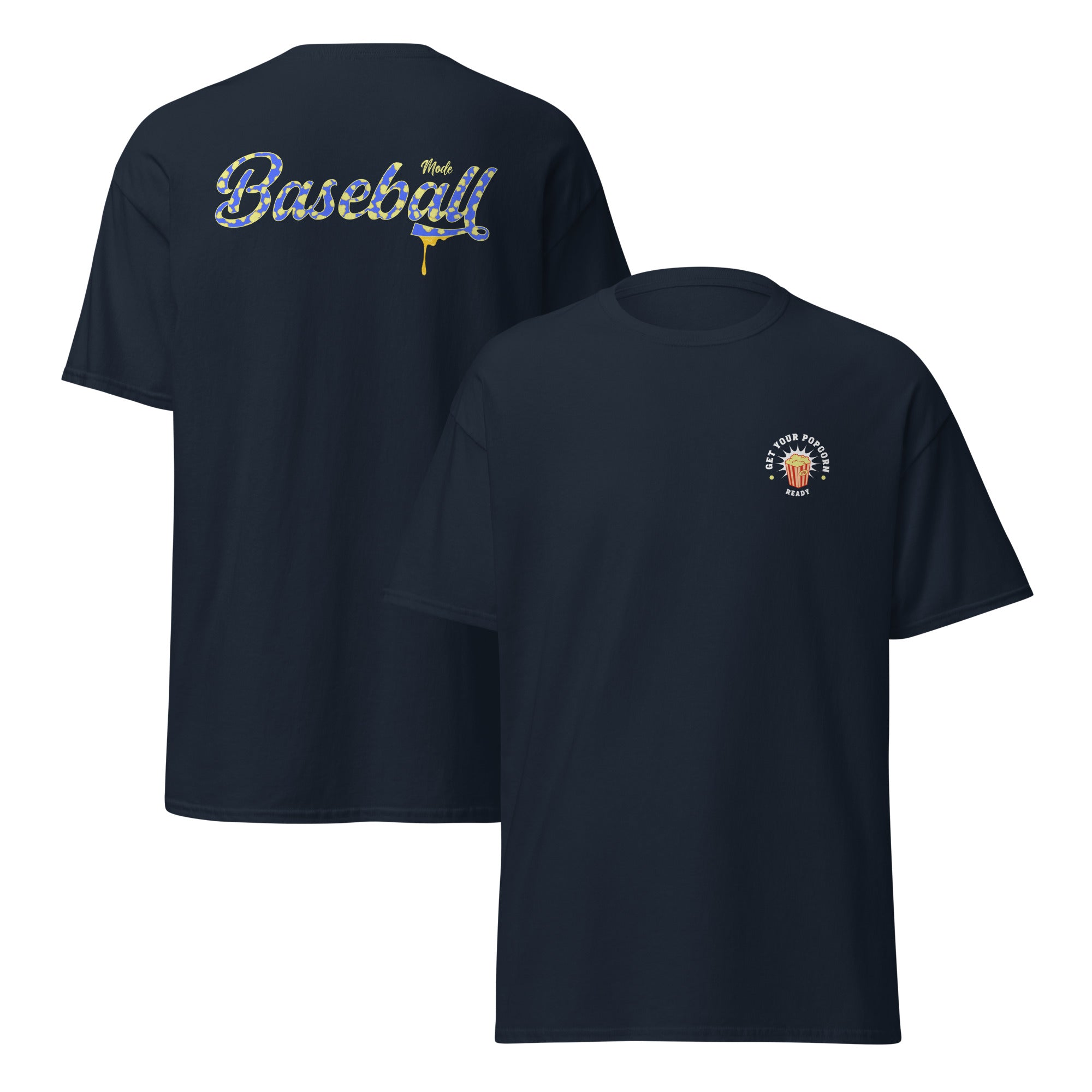 Collection of A navy blue t-shirt with a bold graphic on the front that reads 'Baseball' in a yellow script with a yellow dripping butter effect below it. The back of the t-shirt features a custom popcorn-filled logo with the text 'Baseball Mode'. in a gallery layout